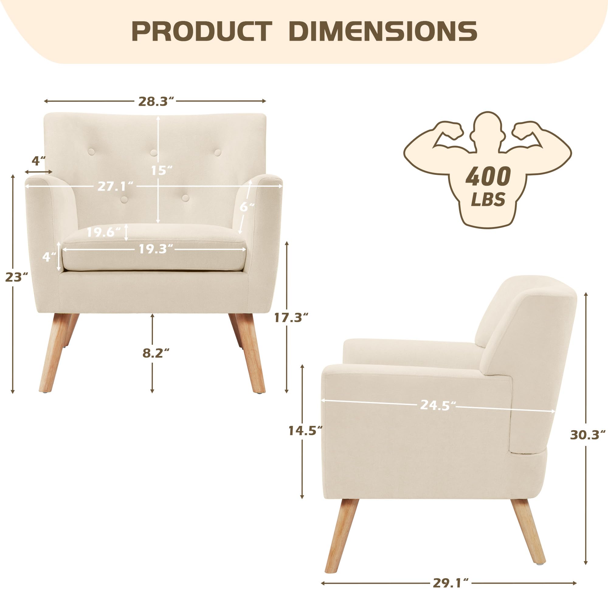 Prilinex Mid-Century Modern Accent Chair - Button Tufted Upholstered Armchair with Cushion, Comfortable Fabric Living Room & Bedroom Chair in Beige | Perfect for Reading Nooks, Lounge Areas & Waiting Rooms