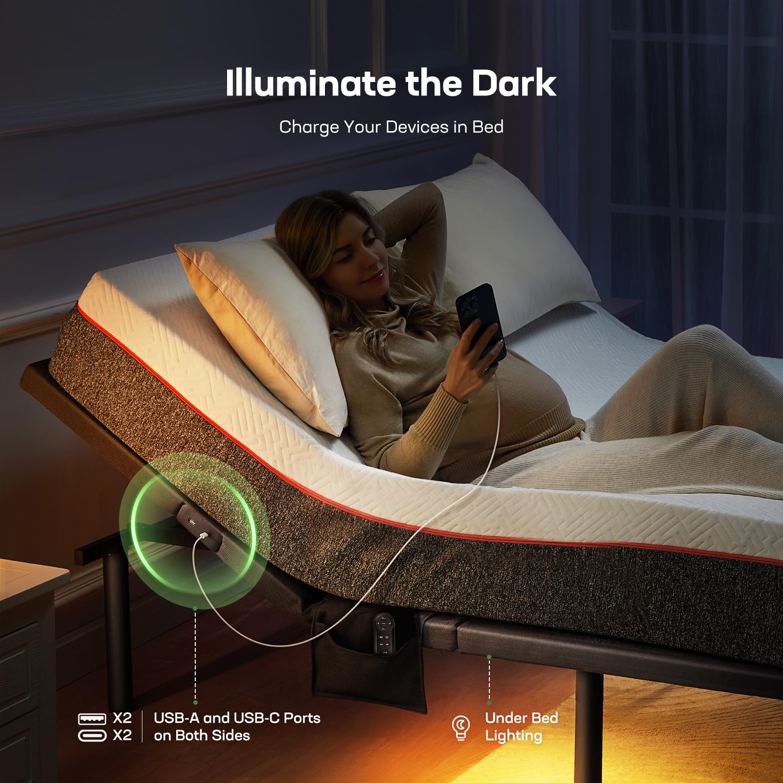 Marsail MS01 Queen Adjustable Bed Base Frame with 4 USB Ports (A&C), Under-Bed Nightlight & Wireless Remote - 3-Minute Assembly, 4 Height Options - Perfect for Home, Office, and Guest Room Comfort