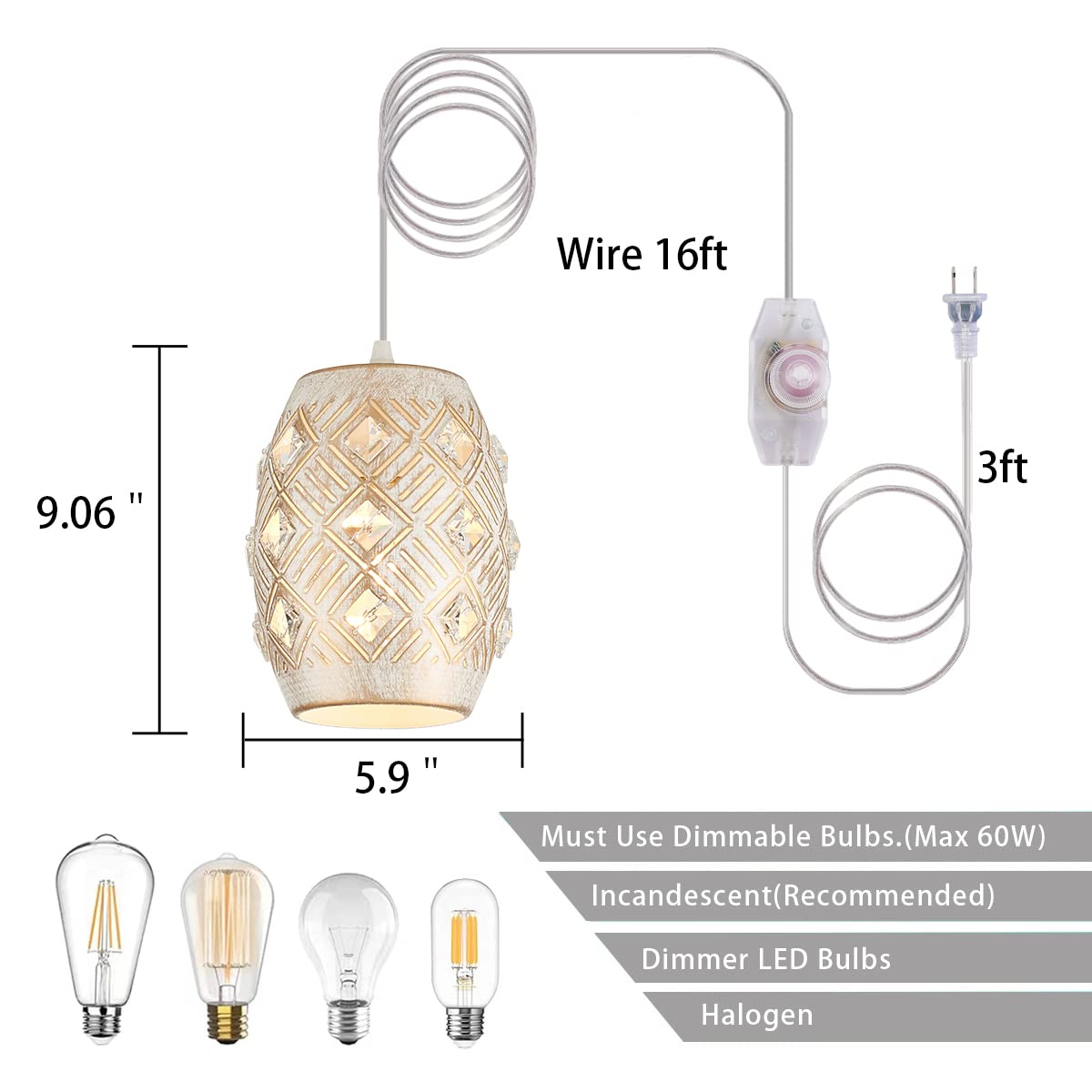 YLONG-ZS 16 FT Plug in Pendant Light with Dimmer Switch - Boho Hanging Lights for Bedroom, Living Room & Corner Decor (White & Crystal) | Perfect for Cozy Reading Nooks, Dining Areas and Home Office Lighting