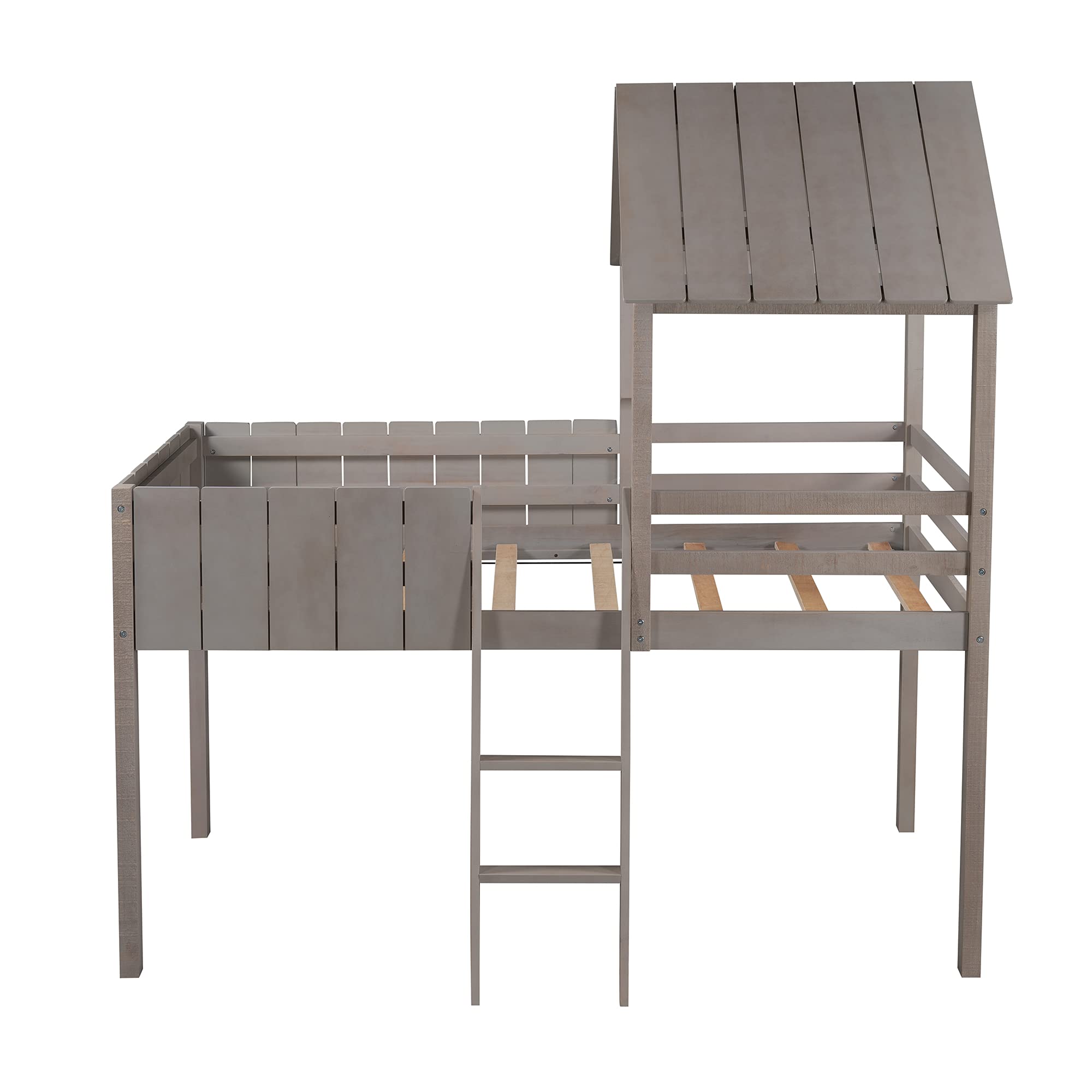 Twin Size Solid Wood Loft Bed for Kids - Playhouse Bed Frame with Roof, Guardrail & Ladder - Farmhouse Style House Bed, No Box Spring Needed (Gray Wash) - Perfect for Small Bedrooms, Playrooms & Kids' Sleepovers