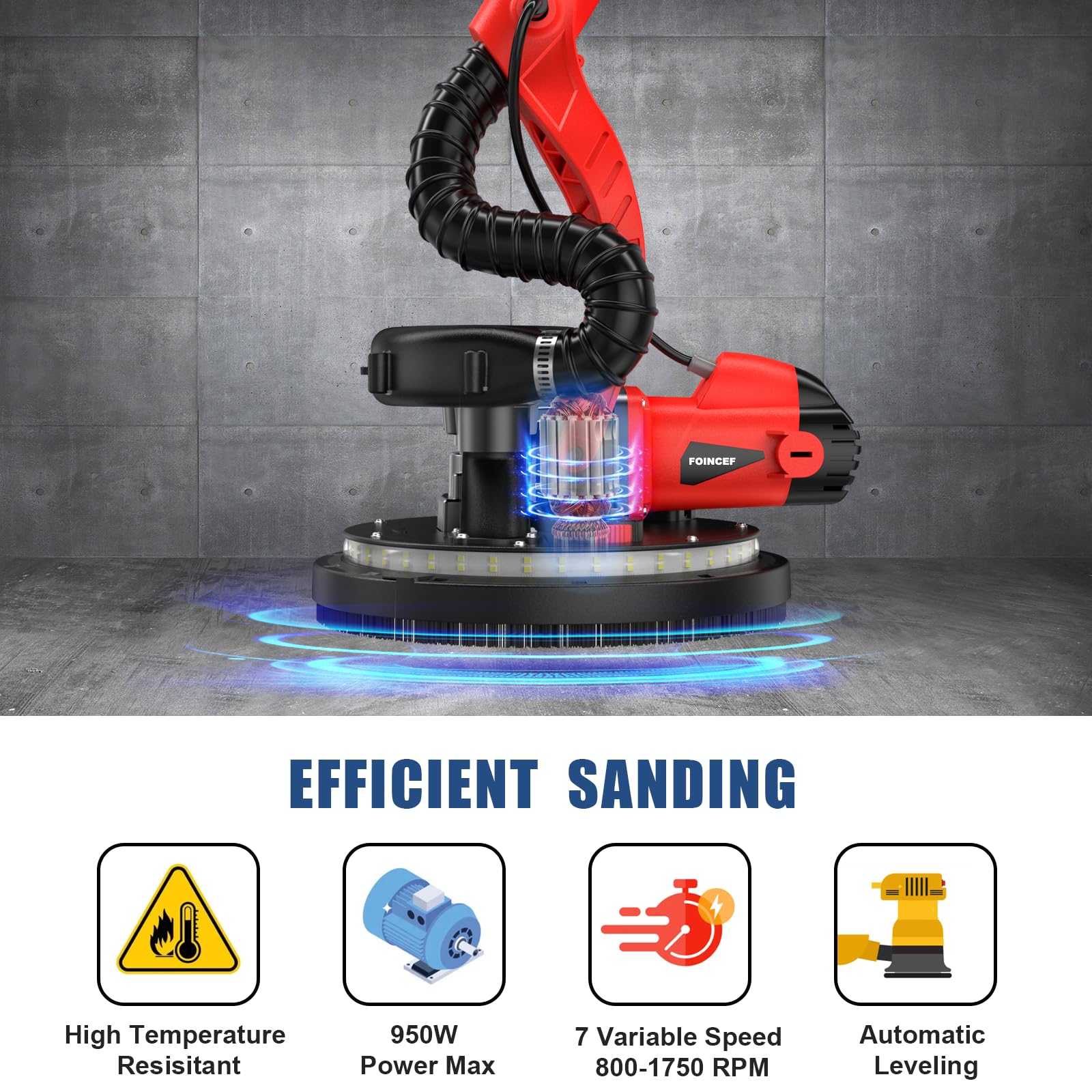 950W 8-Amp Drywall Sander with Vacuum Attachment - 7 Variable Speed Dust Collector - Lightweight Dustless Wall Sander with 360° LED Light for Ceiling, Floor & Popcorn Texture Removal - Perfect for Home Renovation & Professional Drywall Repair