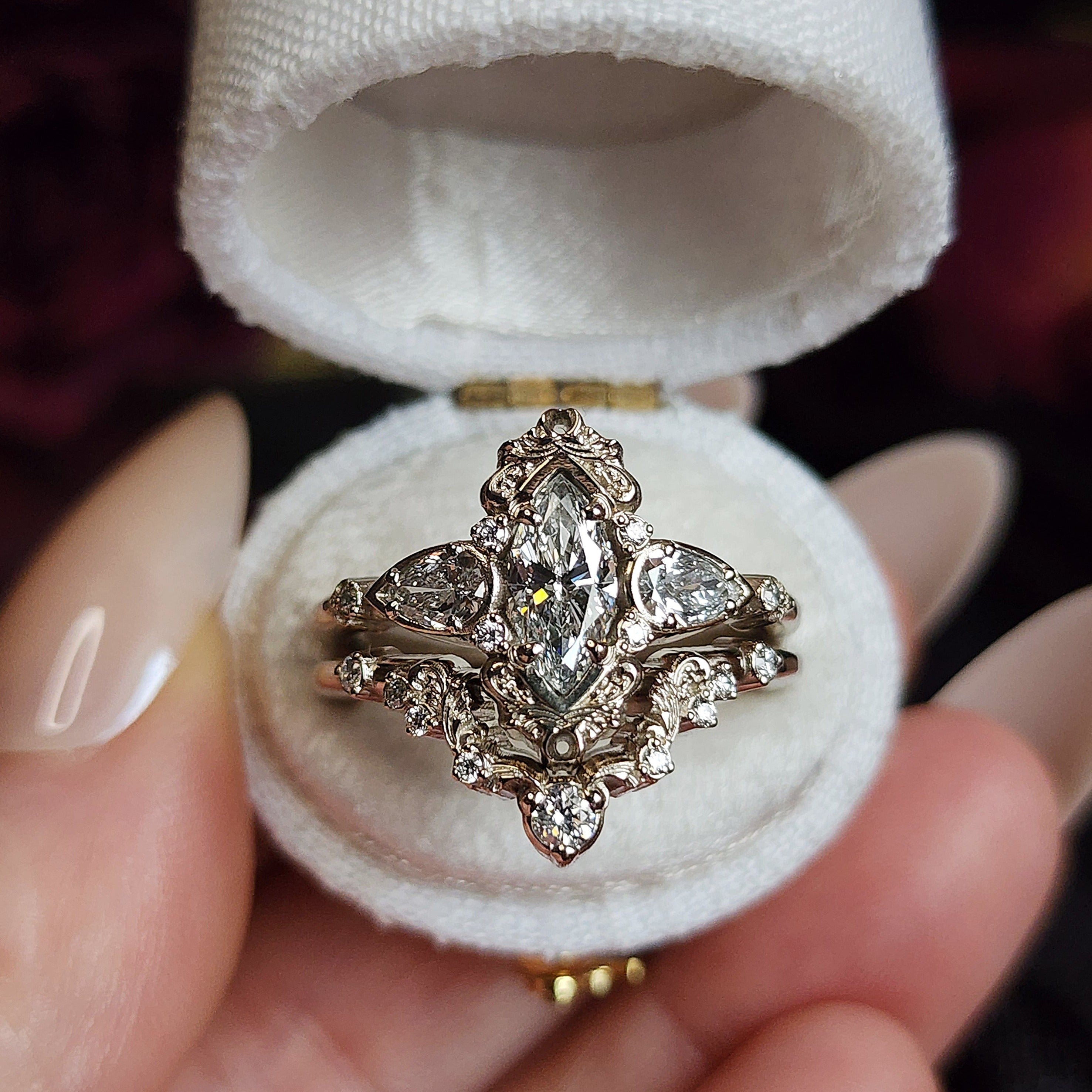 Odette Marquise Engagement Ring Set with Fancy Gold Scrolls - Handcrafted Wedding Band for Women | Elegant Bridal Jewelry for Proposals, Anniversaries & Special Occasions