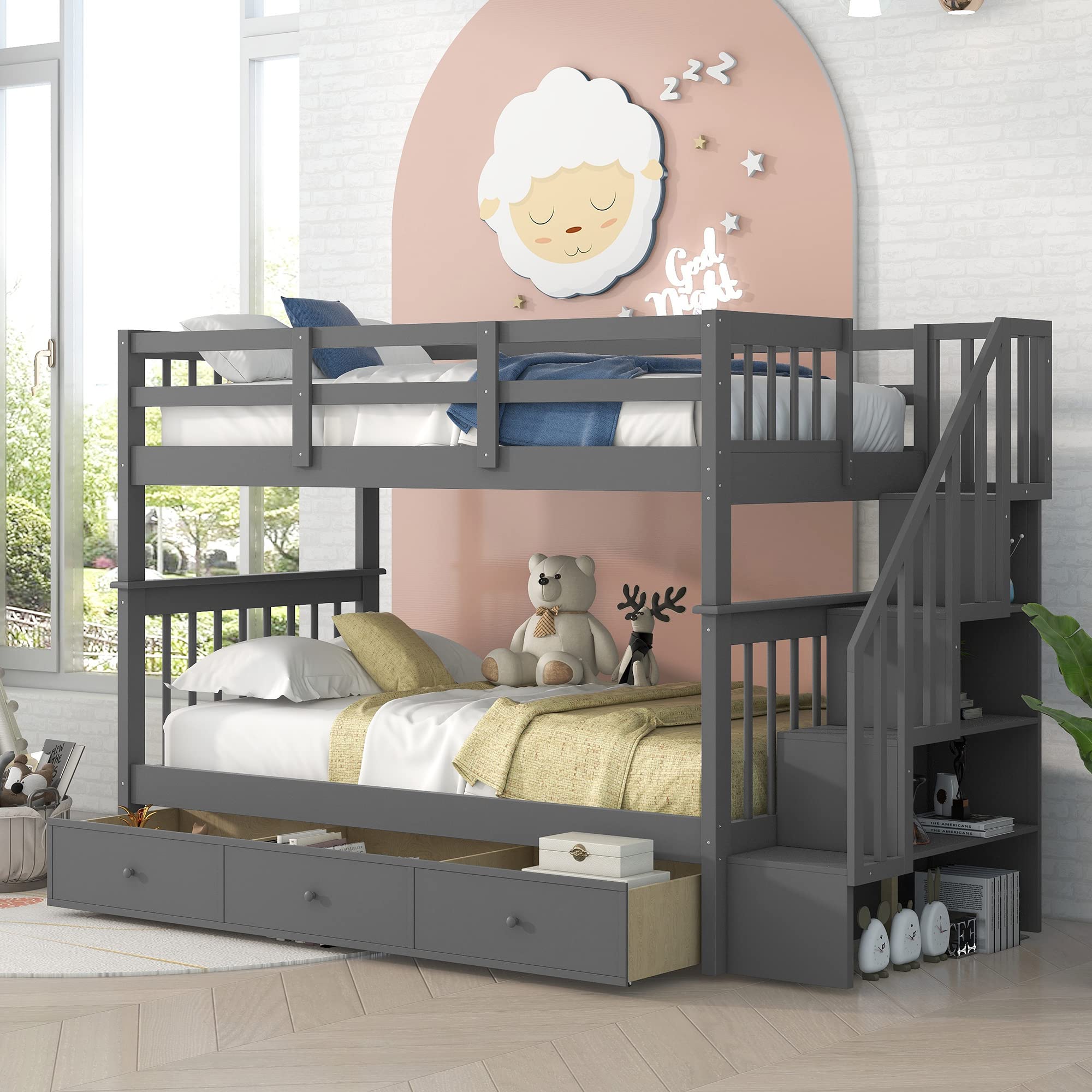 Harper & Bright Designs Full over Full Bunk Beds with Storage Drawers and Stairs - Sturdy Wood Bunk Bed Frame for Kids, Boys, Girls & Teens - Space-Saving Gray Bedroom Furniture for Siblings or Sleepovers