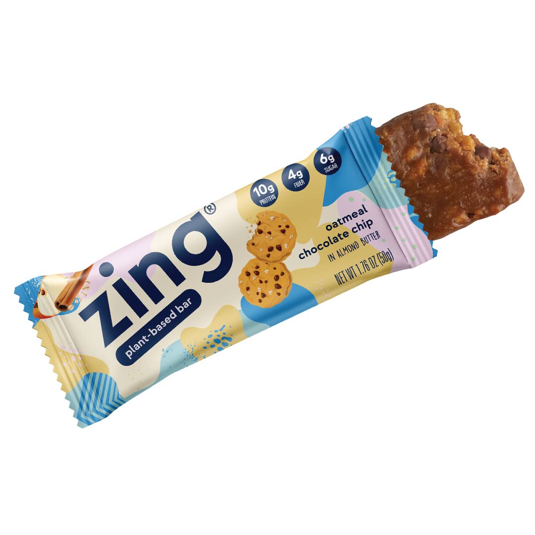 Zing Oatmeal Chocolate Chip Vegan Protein Bars - Gluten Free, High Protein & Fiber, Dairy Free, Plant Based, Kosher, Low Sugar, No Sugar Alcohols (12 Count) - Perfect for Post-Workout Recovery & Healthy Snacking On-The-Go