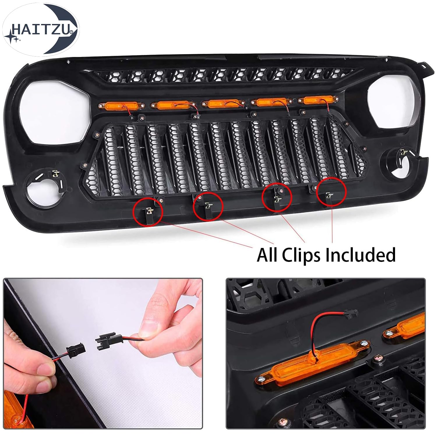 Jeep Wrangler JK & JKU Angry Face Grill (2007-2018) - Matte Black with 5 Amber Lights | Compatible with Rubicon, Sahara, Sport Models | Off-Road & Custom Jeep Accessories Upgrade