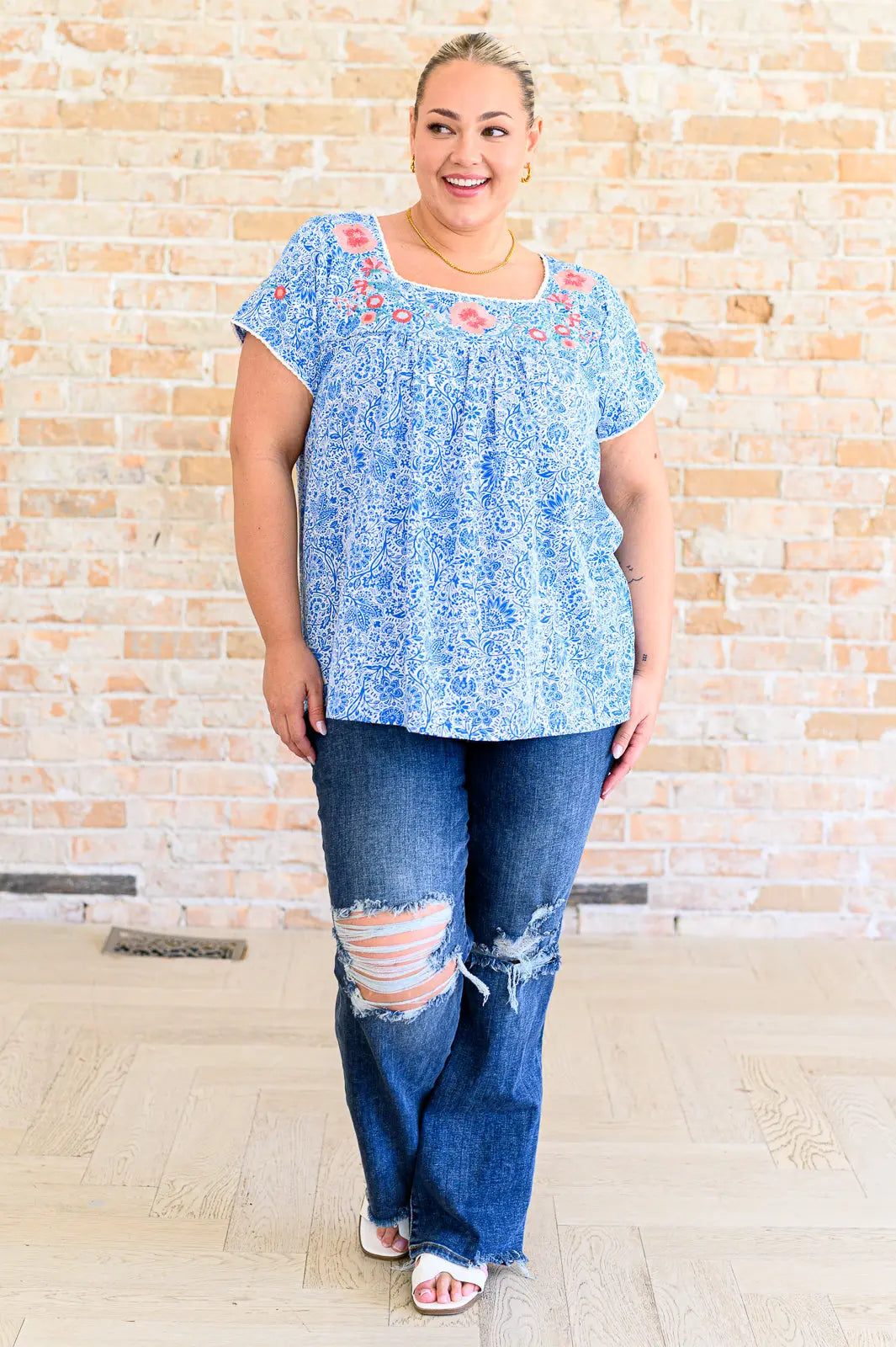 Floral Print Blouse for Women - Elegant Royal Blue Top with Floral Design | Perfect for Casual Wear, Office Outfits & Special Occasions