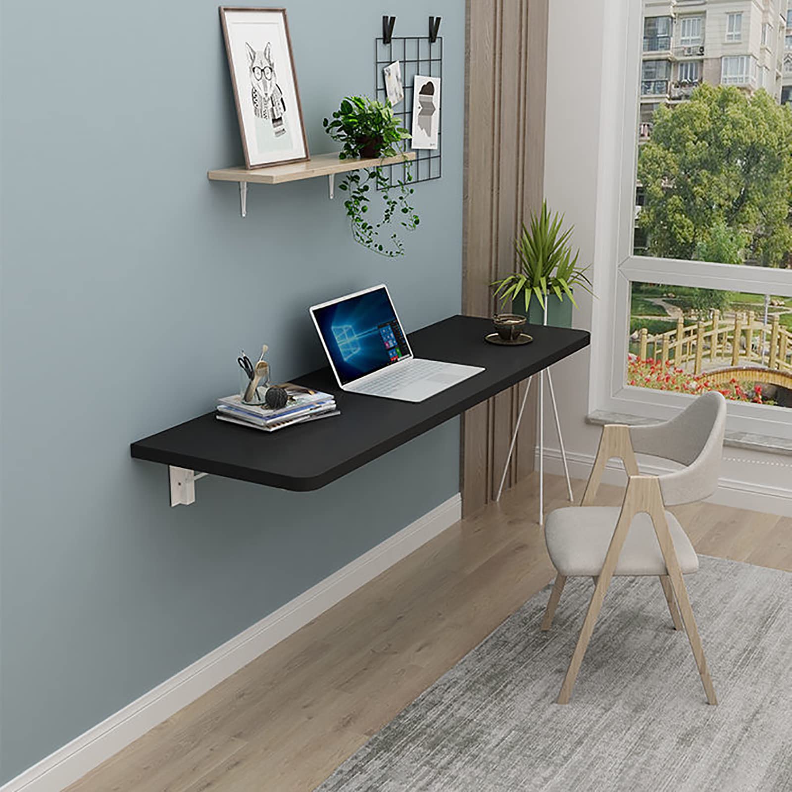 Wall Mounted Folding Desk 50x40cm - Space Saving Foldable Computer Desk for Small Spaces & Laundry Rooms - Black