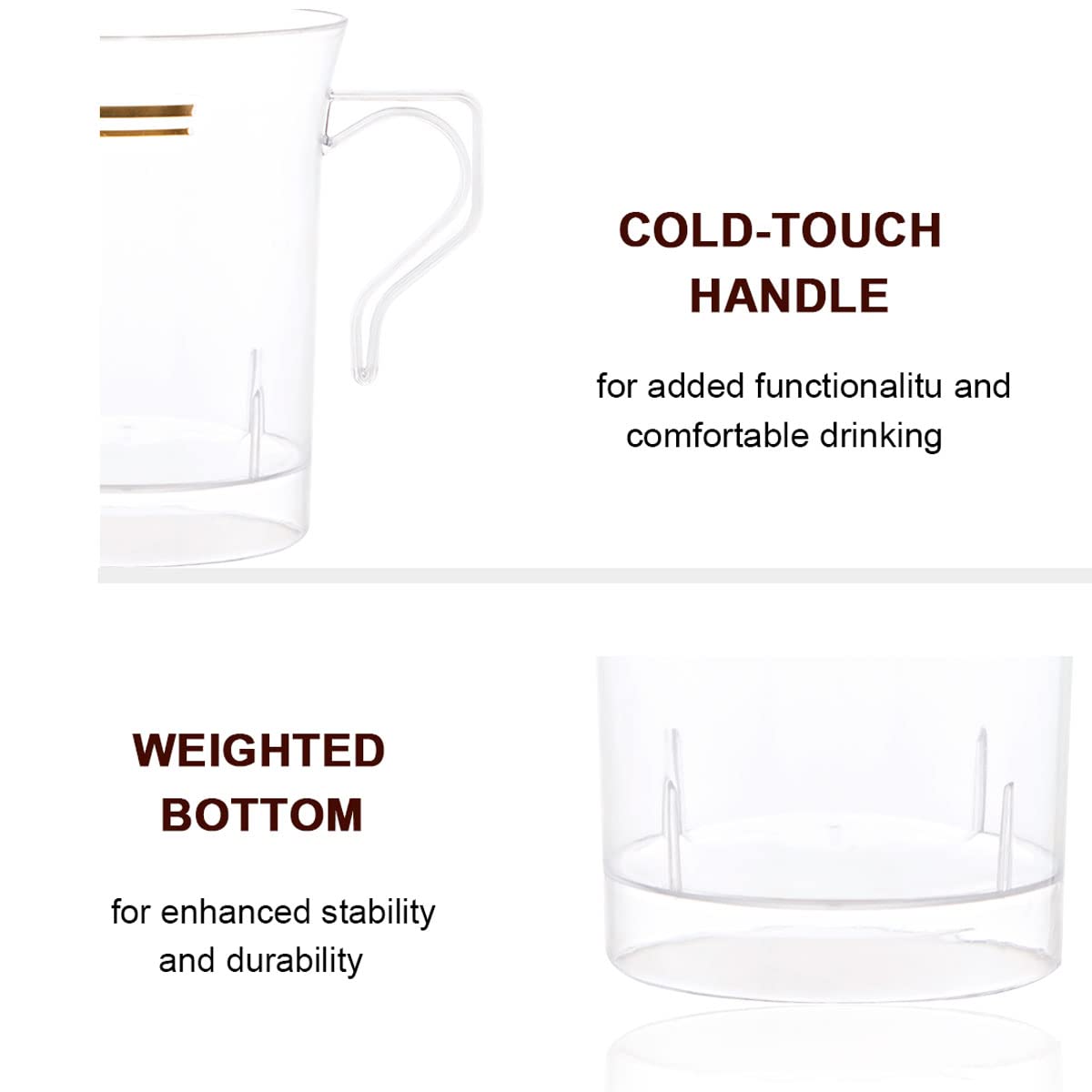 60 Pack Clear Gold Plastic Coffee Mugs with Black Stirrers - 8oz Disposable Coffee Cups with Handles & 5