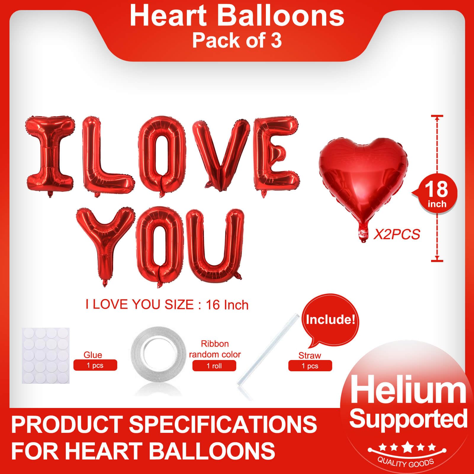 Red Heart Shaped Balloons - I LOVE YOU Valentine's Day Balloons for Wedding, Bridal Shower & Party Decorations - Perfect for Romantic Proposals, Anniversary Celebrations and Couple Photos