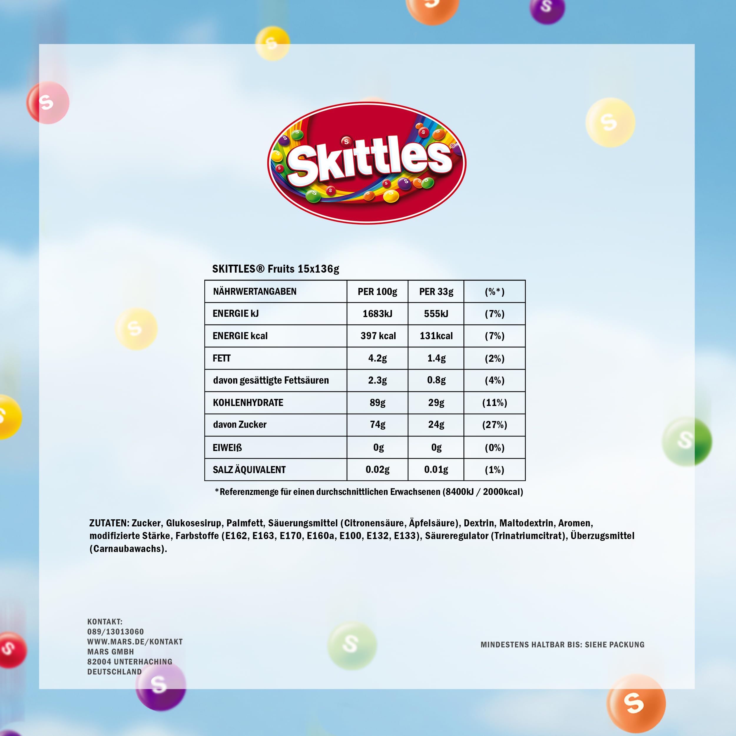 Skittles Crazy Fruits Chewy Candy - 15 x 136g Bulk Pack (2040g) - Assorted Fruit Flavored Vegan Snacks - Perfect for Halloween, Parties, Office Snacks & Movie Nights