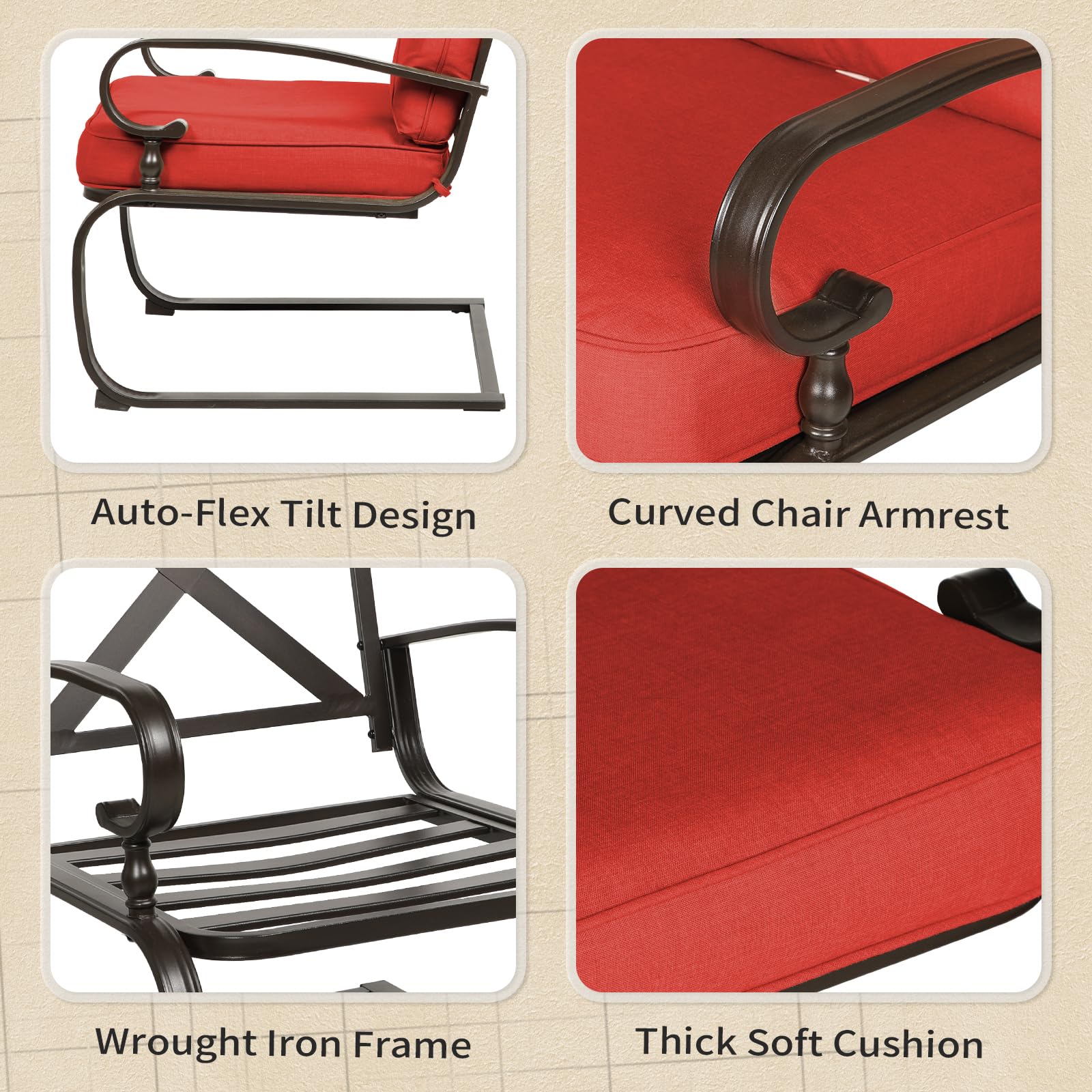 Oakcloud 7-Piece Metal Outdoor Patio Furniture Set - Wrought Iron Loveseat, Coffee Table, Bistro Table, 2 Spring Chairs & 2 Dining Chairs with Cushions (Red) - Perfect for Garden, Backyard, Poolside & Outdoor Conversations