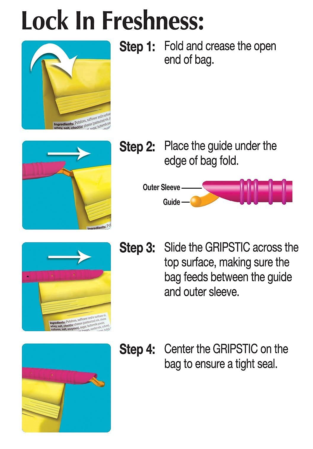 GRIPSTIC Reusable Chip Bag Clips - 12 Pack Large Airtight Food Storage Clips for Snacks, Chips, Cereal | Waterproof Seal for Kids Lunch, Kitchen Organization & Zero Waste Lifestyle (Patented Design)
