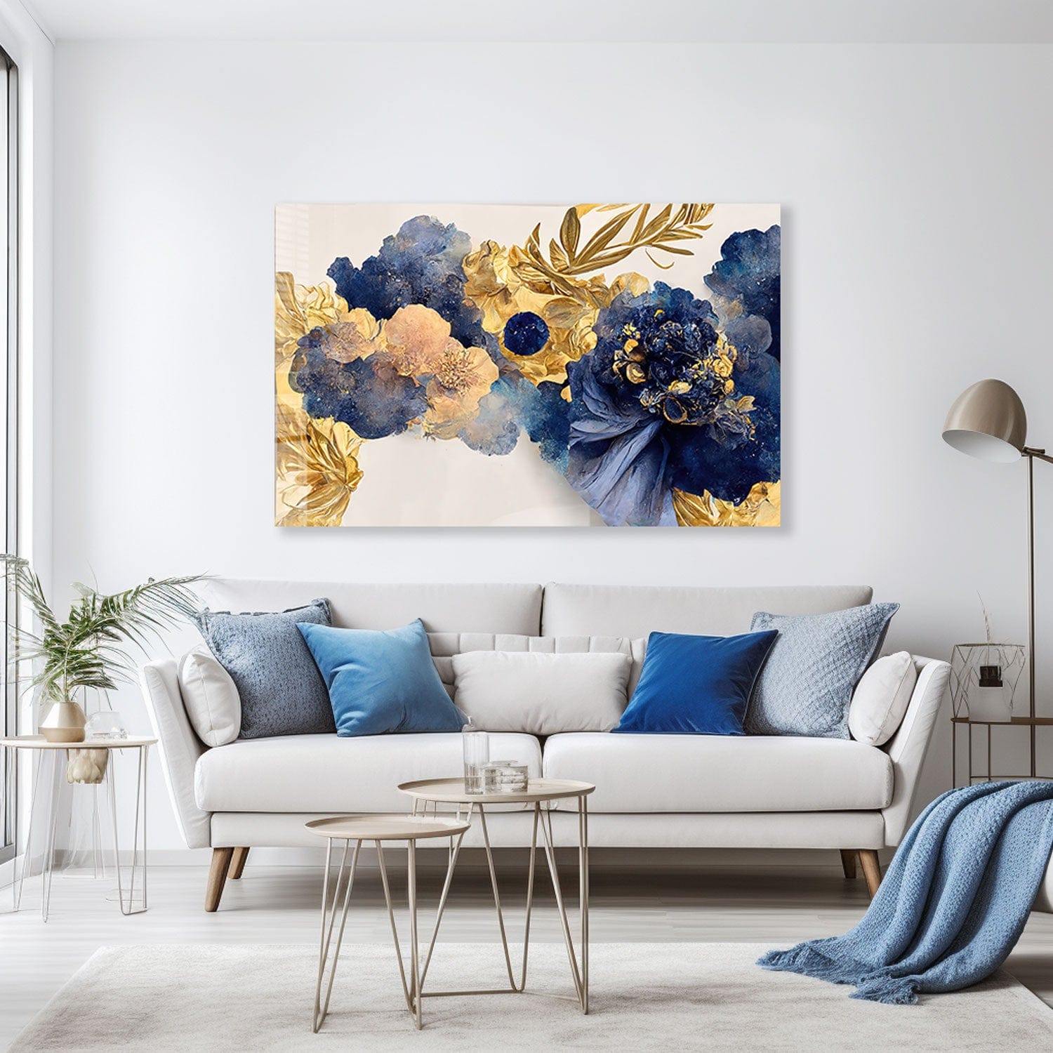 Yellow Blue Floral Tempered Glass Wall Art - Modern Home Decor for Living Room, Bedroom & Office - Shatterproof Glass Painting for Stylish Interior Design