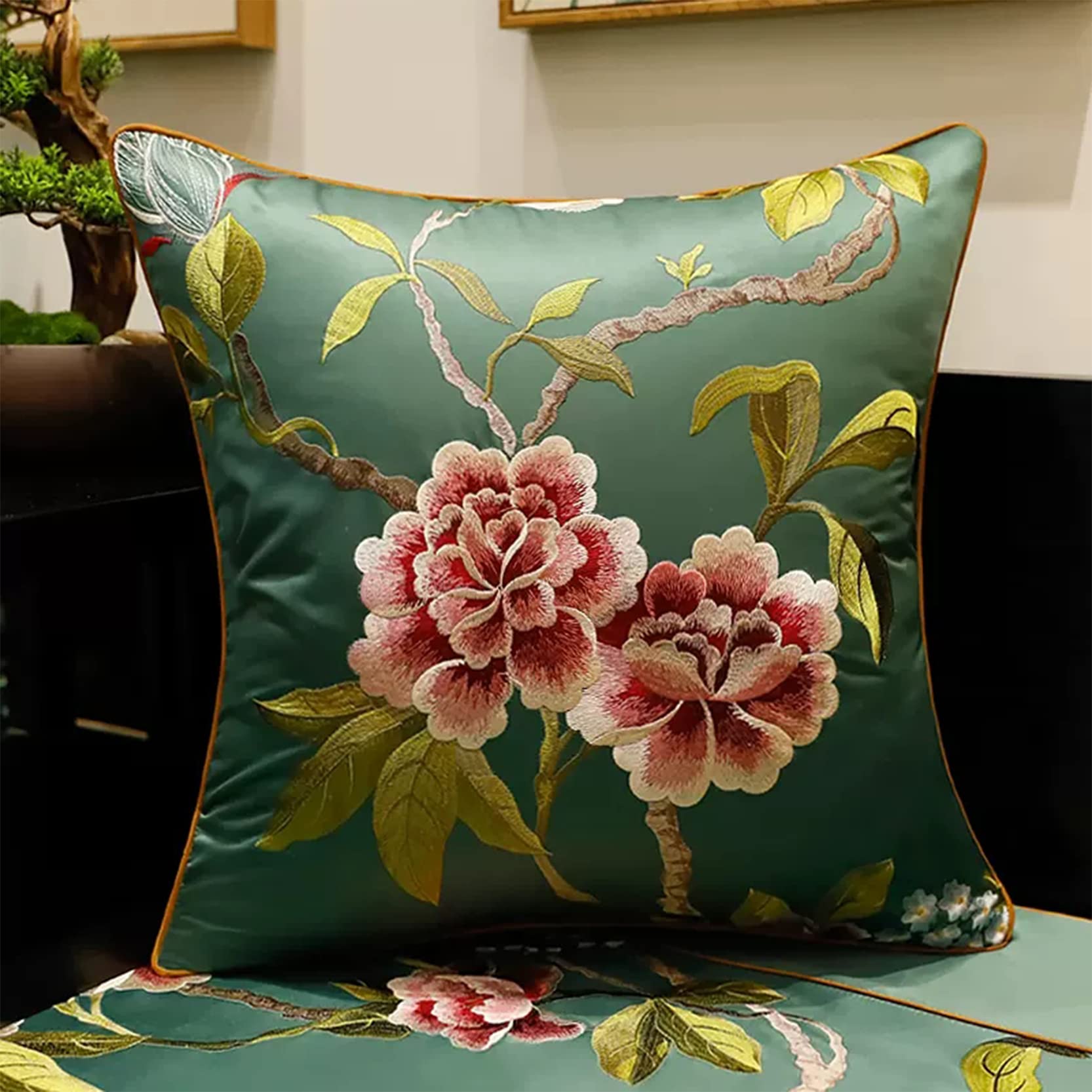 Premium Satin Floral Cushion Covers Set of 2 - Chinese Style Decorative Square & Rectangle Sofa Pillow Cases (35x50cm) for Living Room, Bedroom - Red & Black Color Options | Perfect for Home Decor, Wedding Gifts & Interior Design