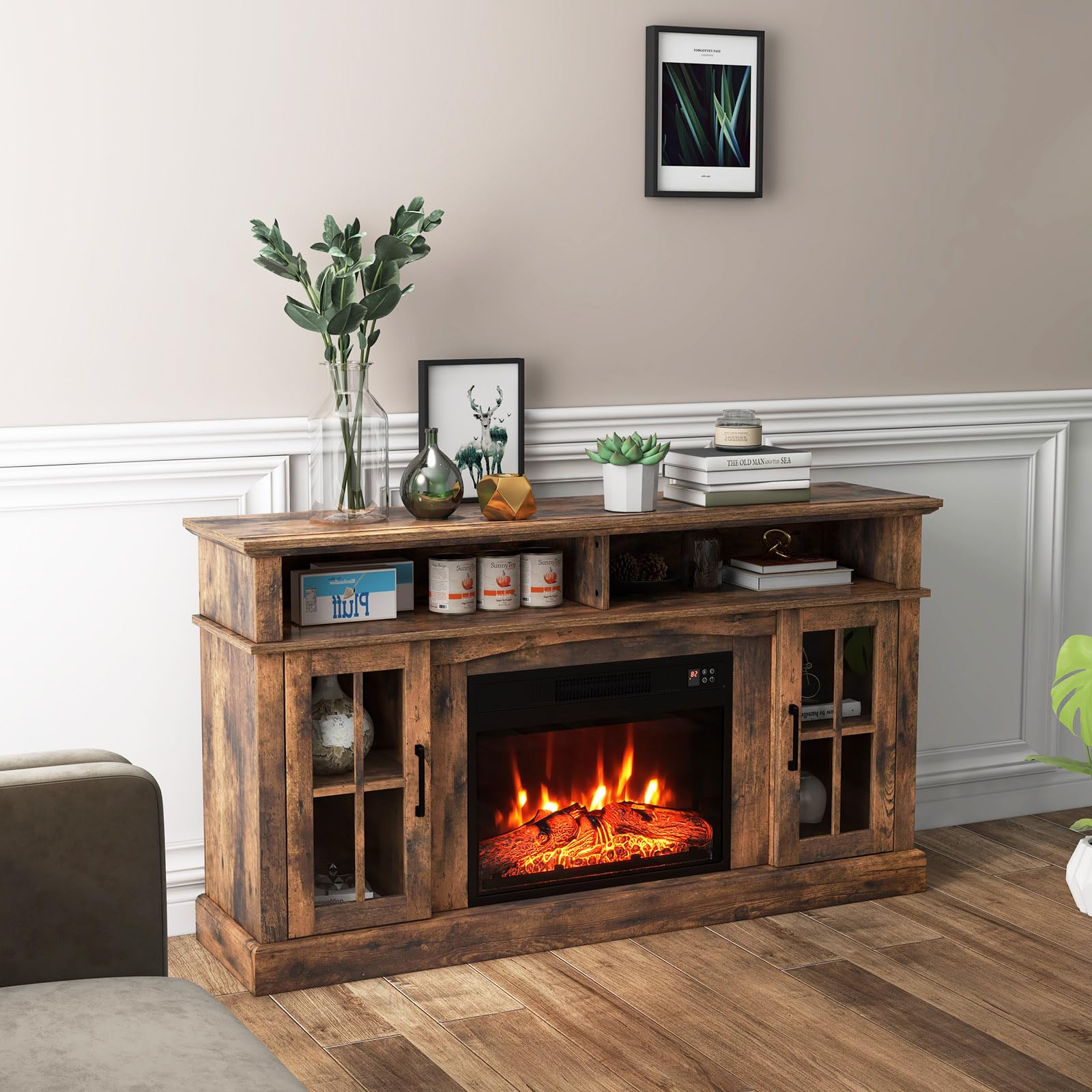 COSTWAY 65 Inch Electric Fireplace TV Stand with 1400W Heater, Remote Control & Adjustable Shelves - 6H Timer, 3 Flame Levels, Overheat Protection, CSA Certified (Brown) - Perfect for Living Room, Bedroom & Home Office