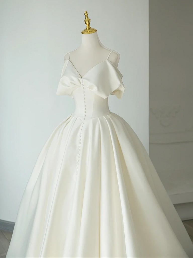 Elegant A-Line V-Neck Satin Ivory Long Prom Dress | Formal Evening Gown for Homecoming, Wedding, and Special Occasions