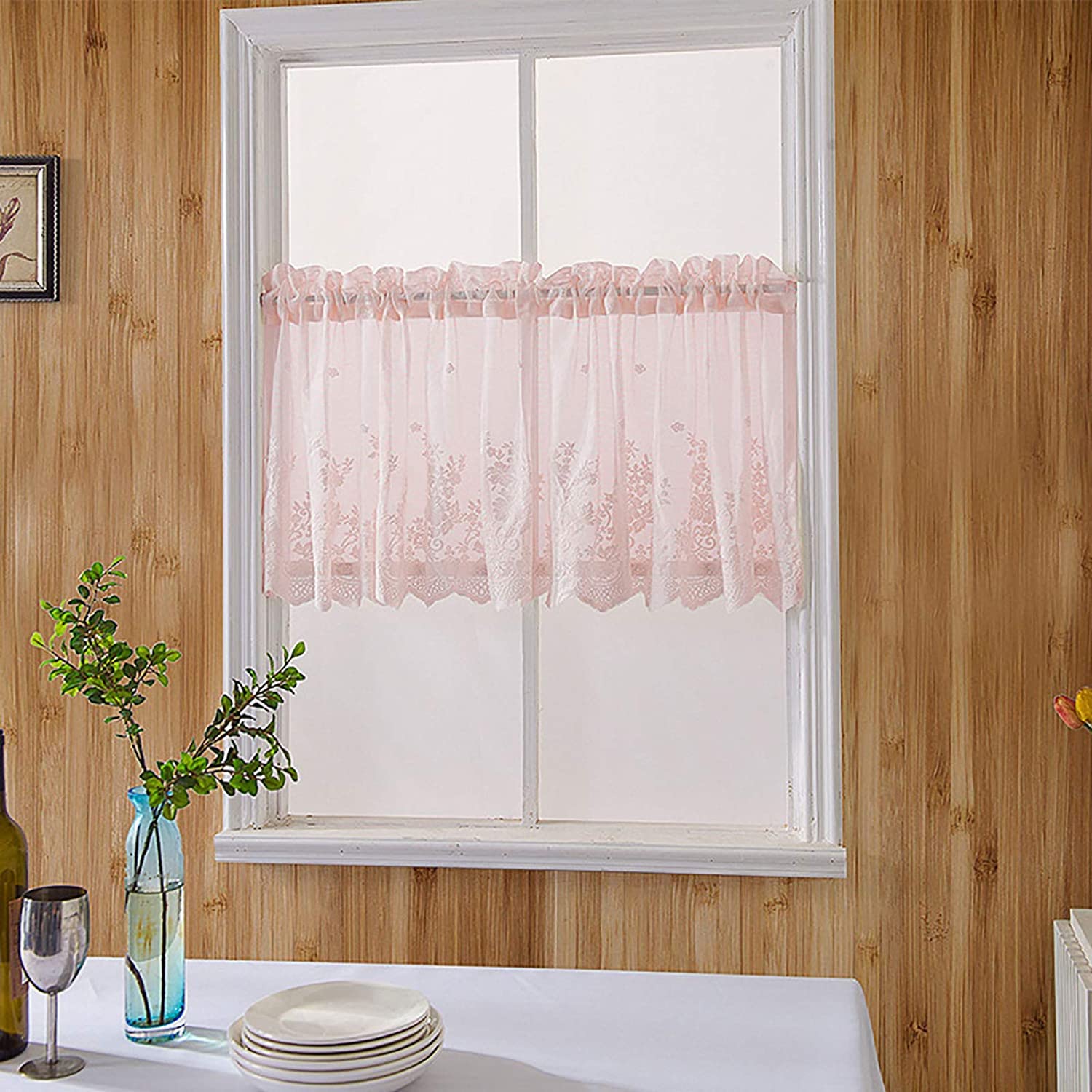 ZCRAFT Sheer Kitchen Curtains with Floral Embroidery - Lace Cafe Valance, Rod Pocket Short Tier Drapes for Windows (54x24 Inch, Pink) - Perfect for Farmhouse, Cottage & Vintage Home Decor