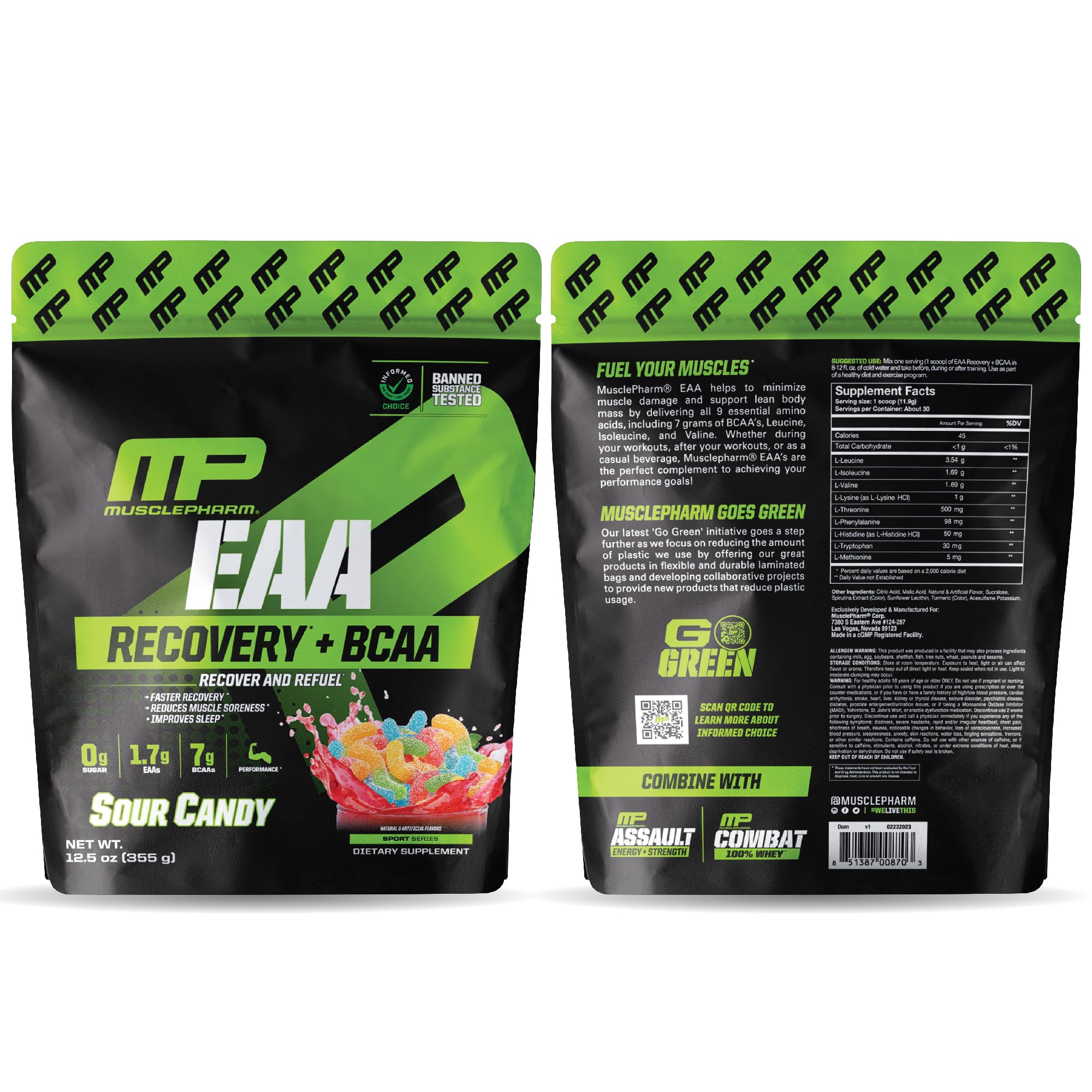 MusclePharm EAA Recovery + BCAAs Powder - Essential Amino Acid Supplement for Men & Women with Branched Chain Amino Acids - 30 Servings Sour Candy Flavor - Pre & Post Workout Energy Boost for Gym, Running & Fitness Training