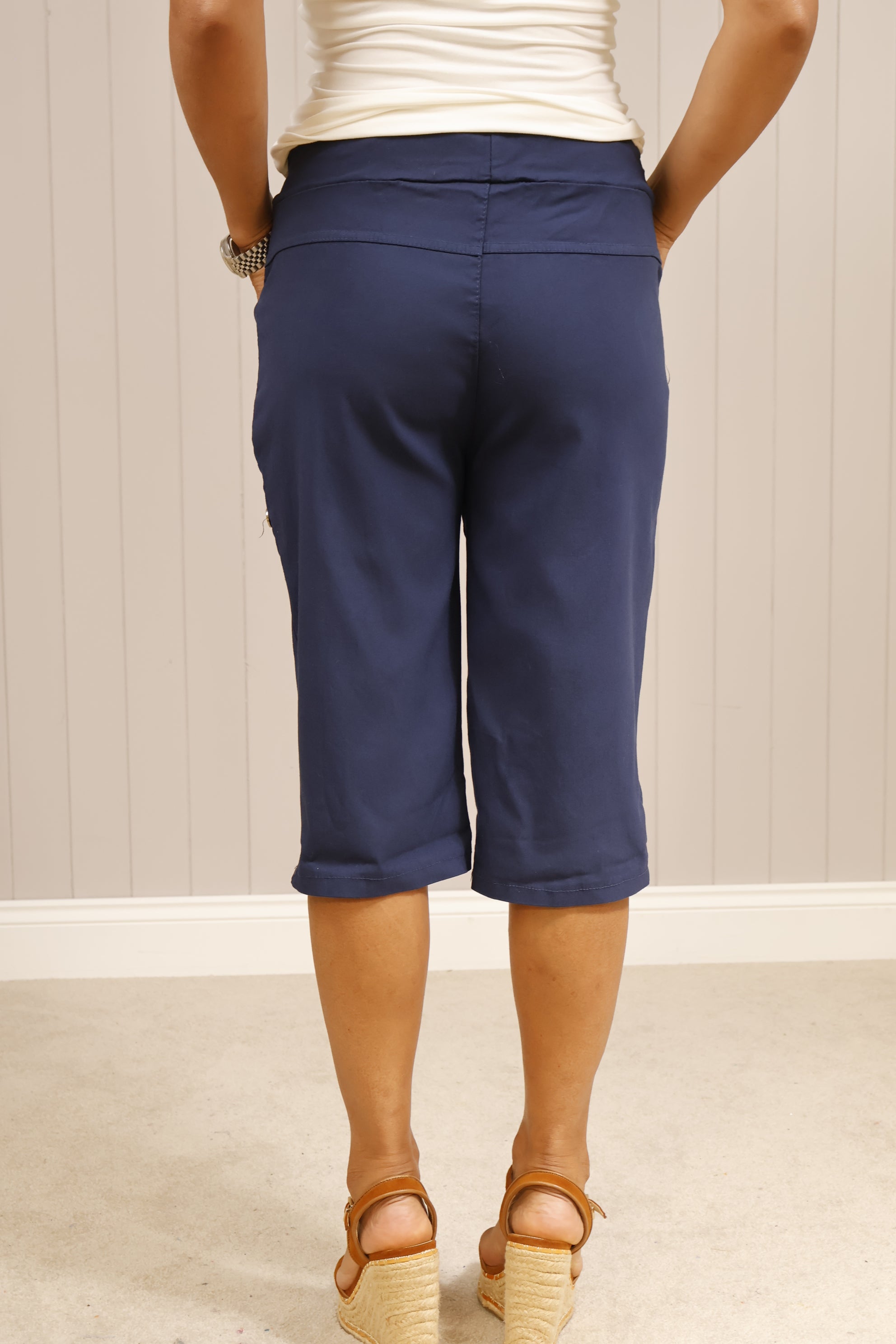 Magic Button Shorts for Women - Comfortable Navy Blue Stretchy High Waist Pull On Pants - Perfect for Yoga, Running, and Lounge Wear