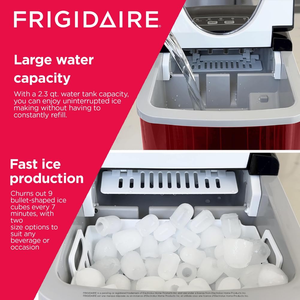 FRIGIDAIRE RIC117-SSRED Stainless Steel Countertop Ice Maker - Medium Red - Fast Ice Production for Home, Office, and Parties