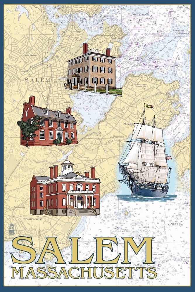 Lantern Press Salem Massachusetts Nautical Chart Wall Art - 12x18 Inch Vintage Coastal Decor Poster for Living Room, Bedroom, Office & Home Decoration