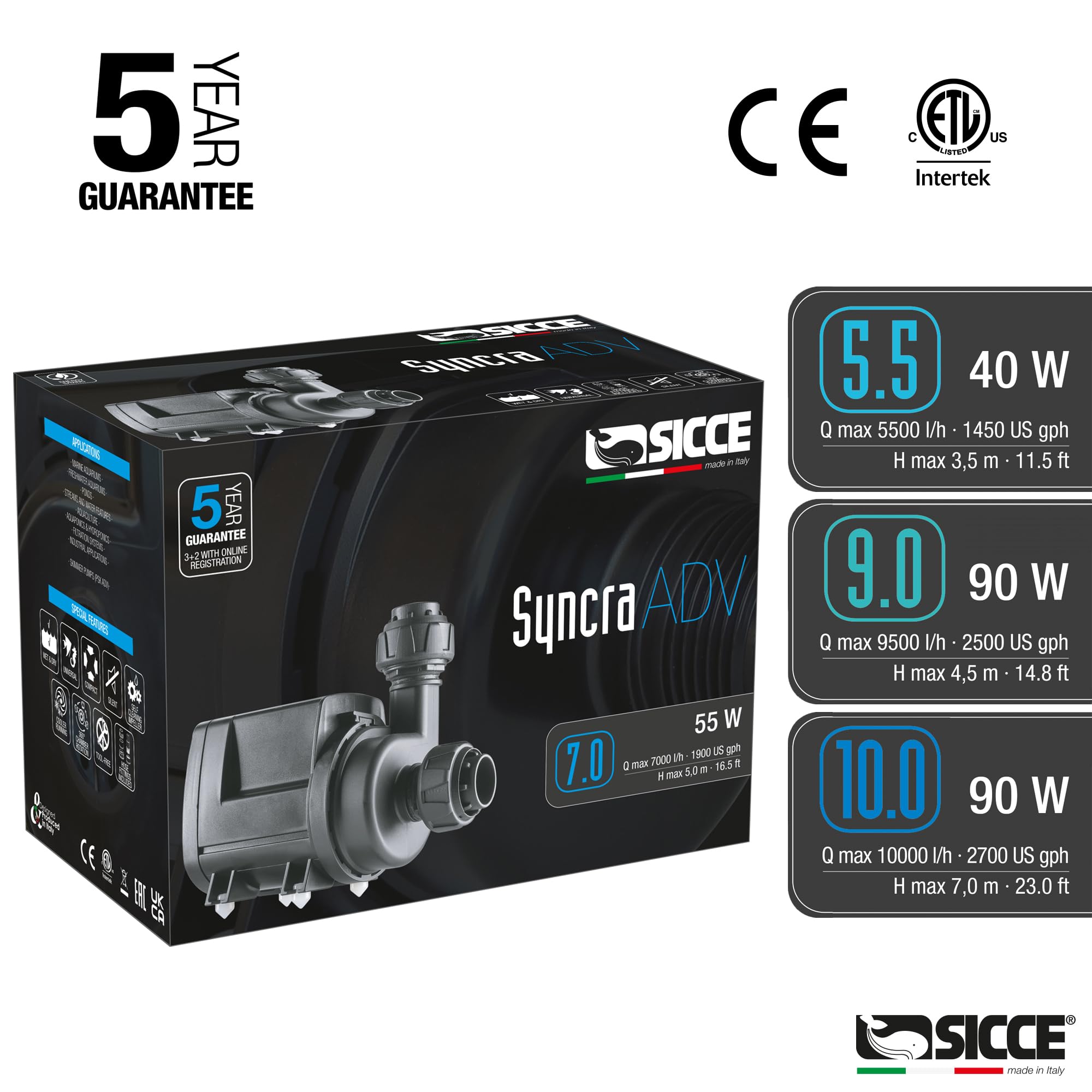 SICCE Syncra ADV 9.0 DC Water Pump 2500 GPH - Italian Made Aquarium Pump with Controller | Ultra Quiet, Submersible or External Use | Perfect for Fish Tanks, Sump Systems, Ponds, Freshwater & Saltwater Aquariums | Ideal for Water Circulation, Filtration & Aeration in Home or Commercial Aquariums