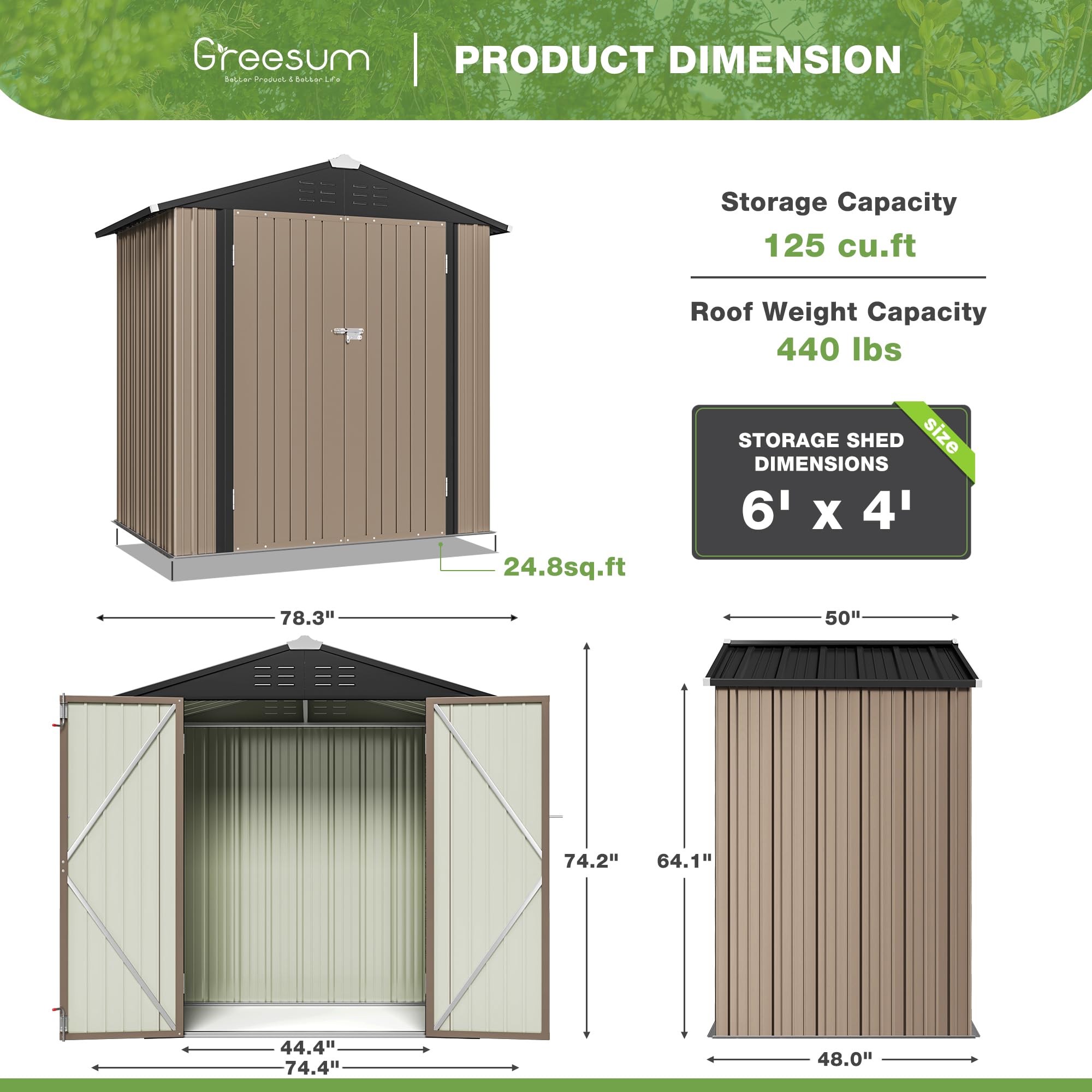 Greesum 6x4 ft Outdoor Storage Shed - Metal Utility Tool & Garden Shed with Lockable Door for Patio, Backyard & Lawn Organization (Brown) | Weatherproof Storage Solution for Gardening Tools, Equipment & Seasonal Items