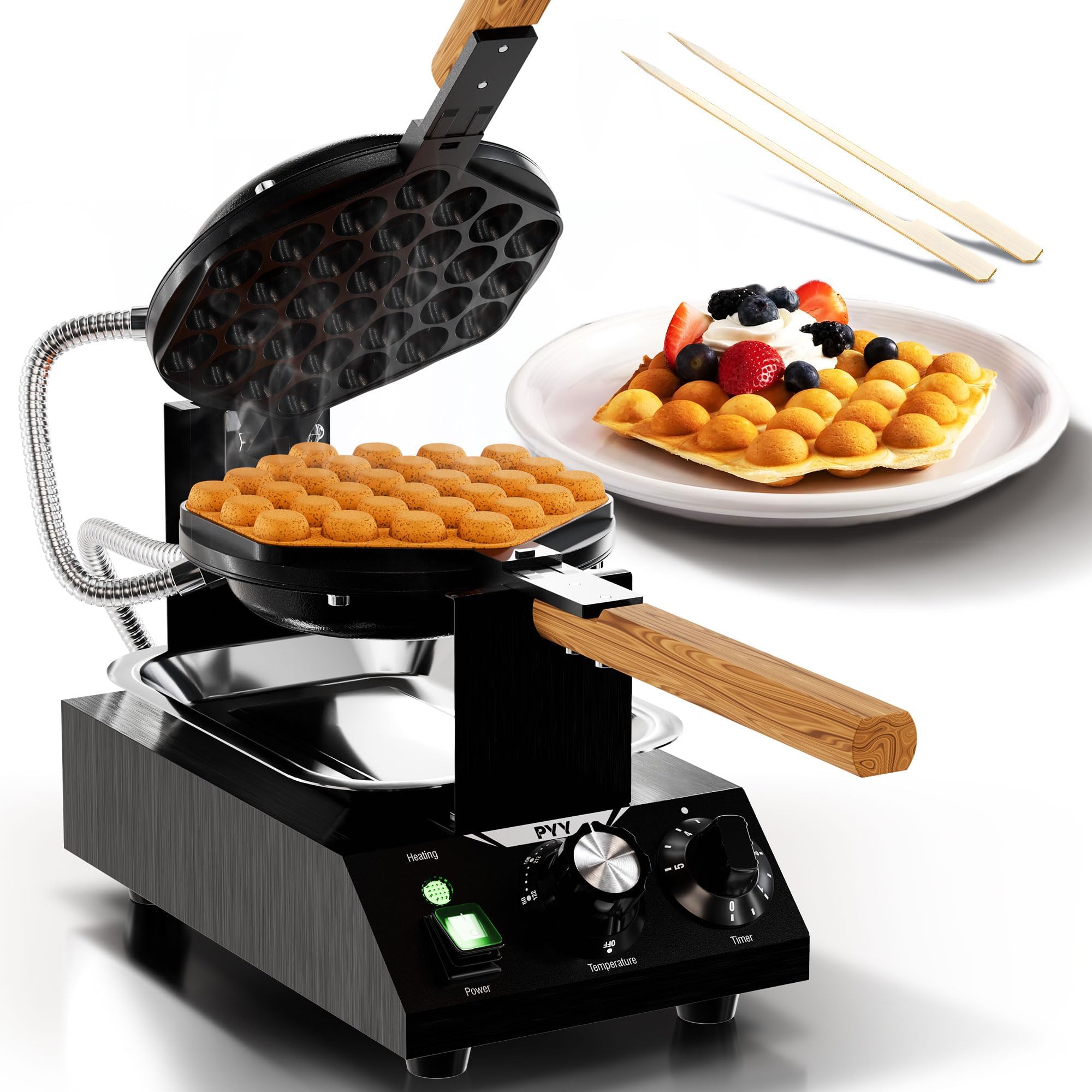 PYY 1500W Commercial Bubble Waffle Maker - Electric Stainless Steel Egg Puff Waffle Iron with Non-Stick Coating, 180° Rotating & Wooden Handle (122-482°F) - Perfect for Hong Kong Style Round Cone Waffles, Street Food Business, Home Breakfast & Dessert Making