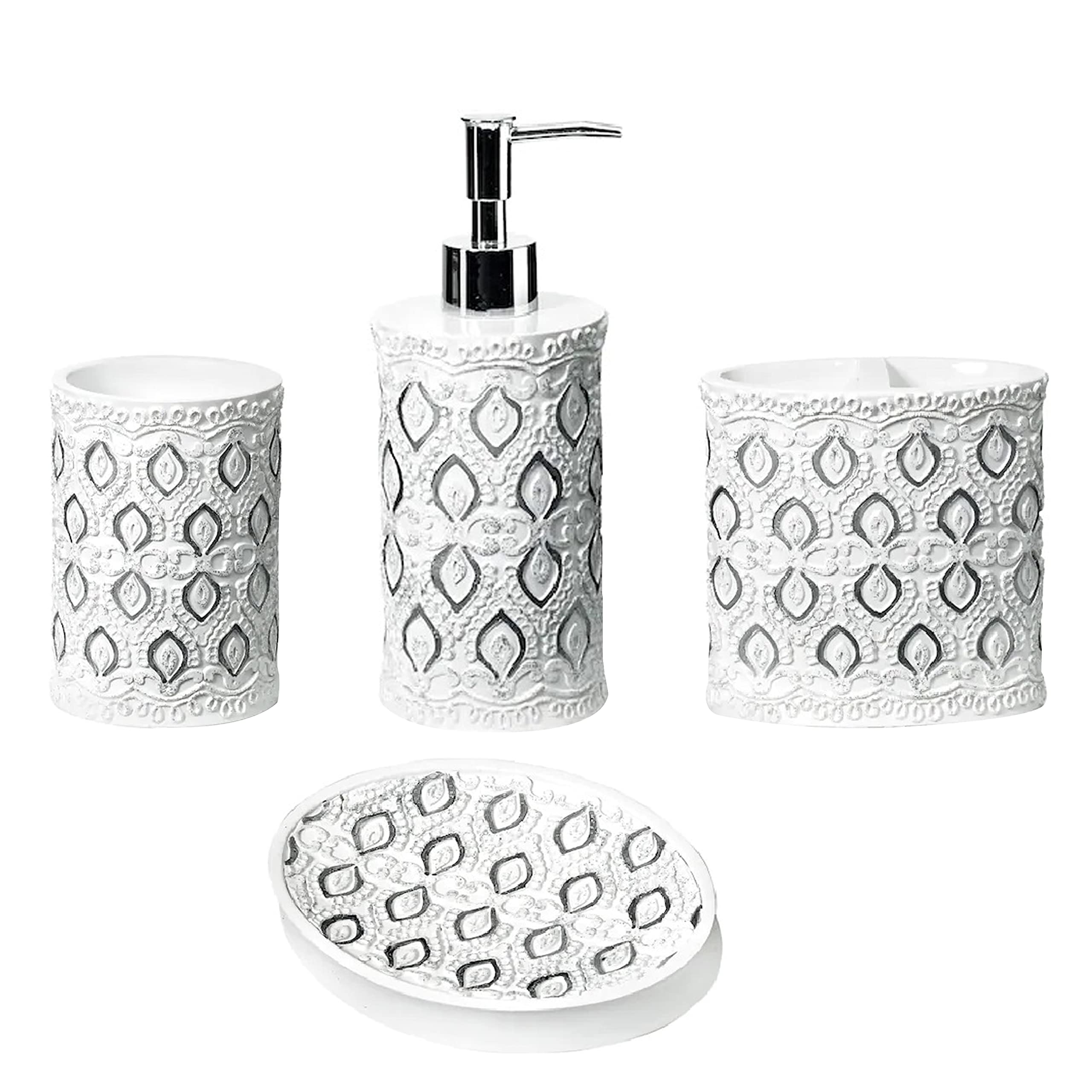Luxury 4-Piece Monaco Bathroom Accessories Set - Soap Dispenser, Lotion Dispenser, Toothbrush Holder & Soap Dish - Modern Classic Decor for Contemporary Bathrooms - Perfect for Master Bath, Guest Bath & Spa-Style Decor