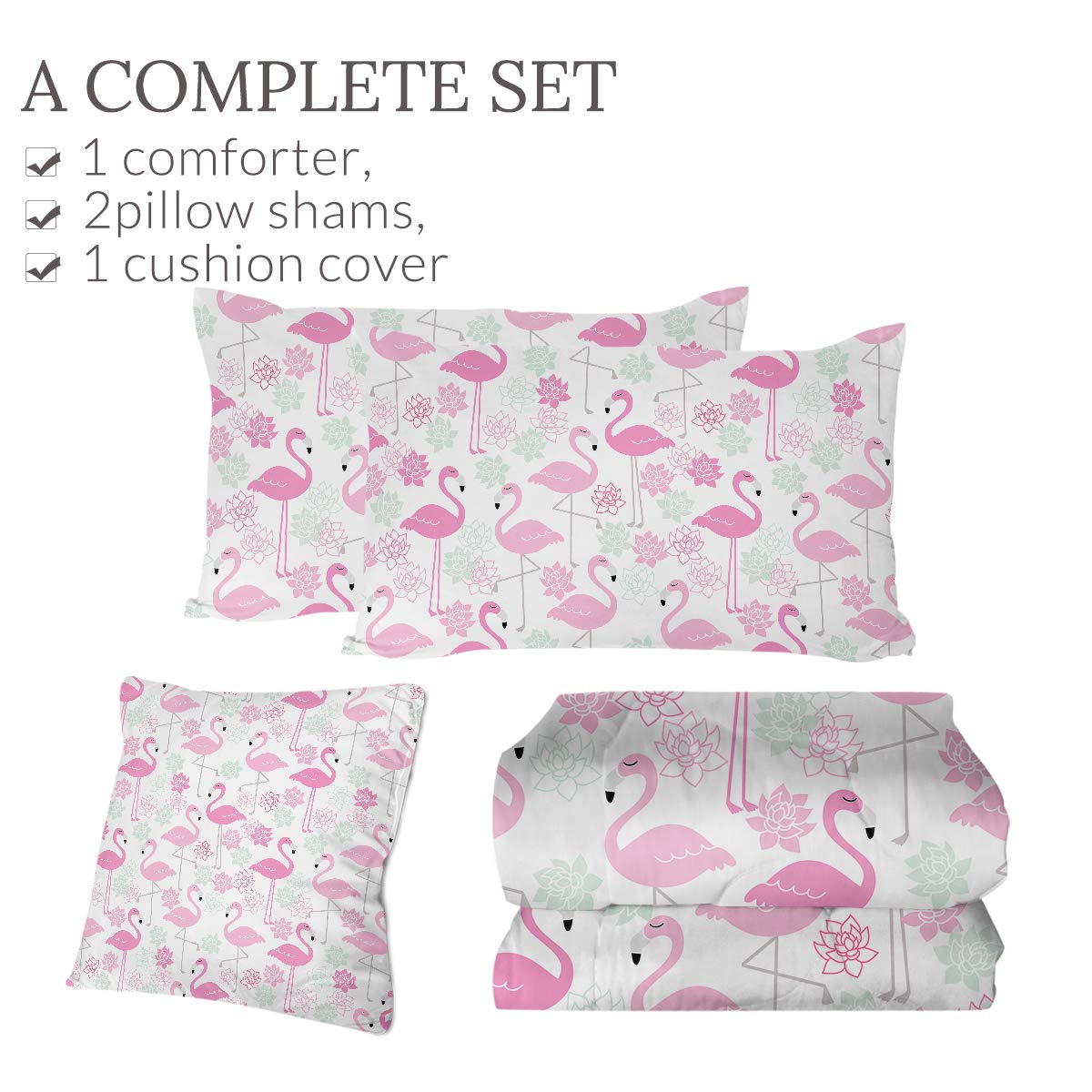 Luxury Pastel Pink Flamingo Queen Size Comforter Set - 4 Piece Soft All Season Bedding with Lotus Flower Design (1 Comforter, 2 Pillow Shams, 1 Throw Pillow Cover) - Perfect for Master Bedroom, Guest Room & Tropical Themed Decor