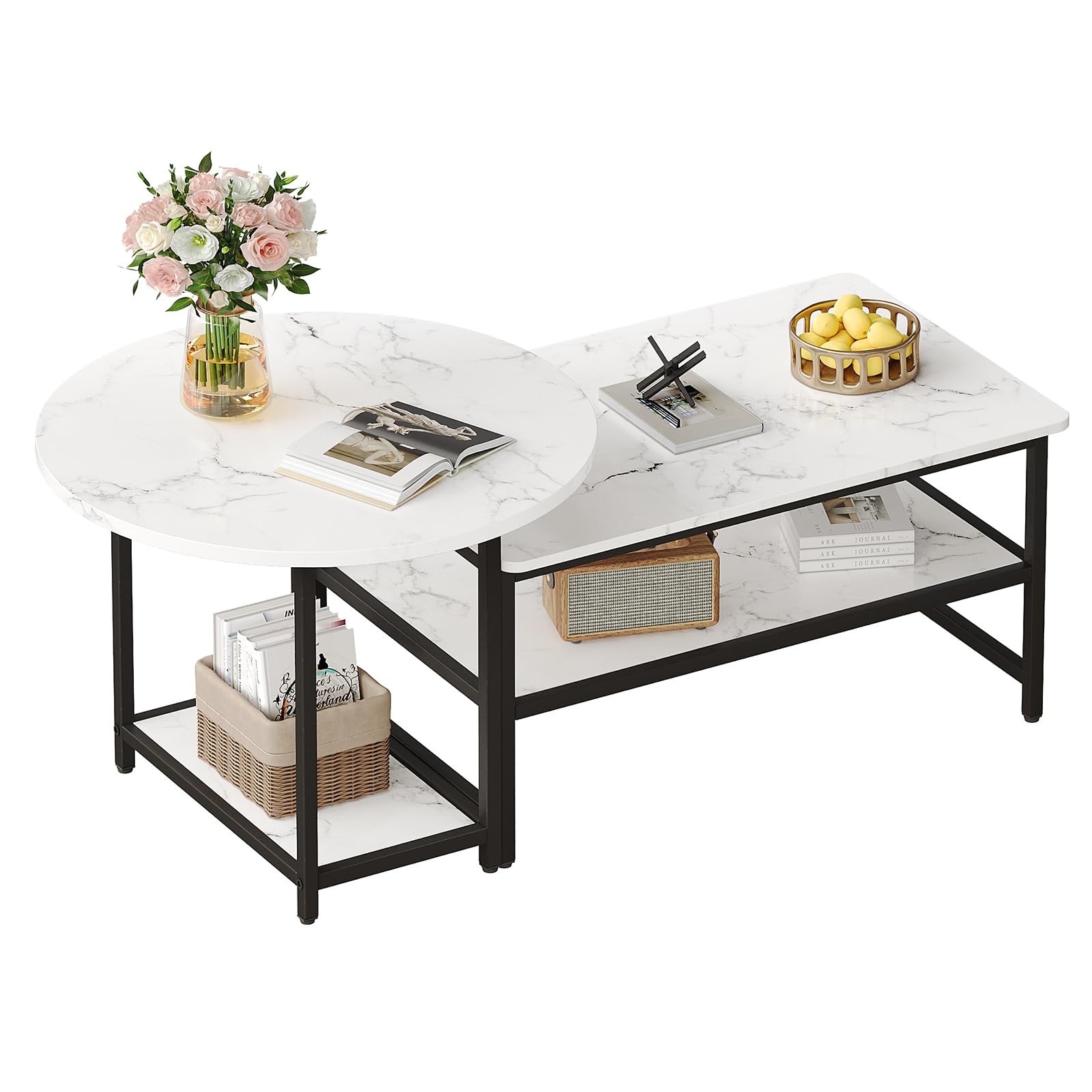 Modern White Coffee Table - Detachable Faux Marble Living Room Table for Small Spaces