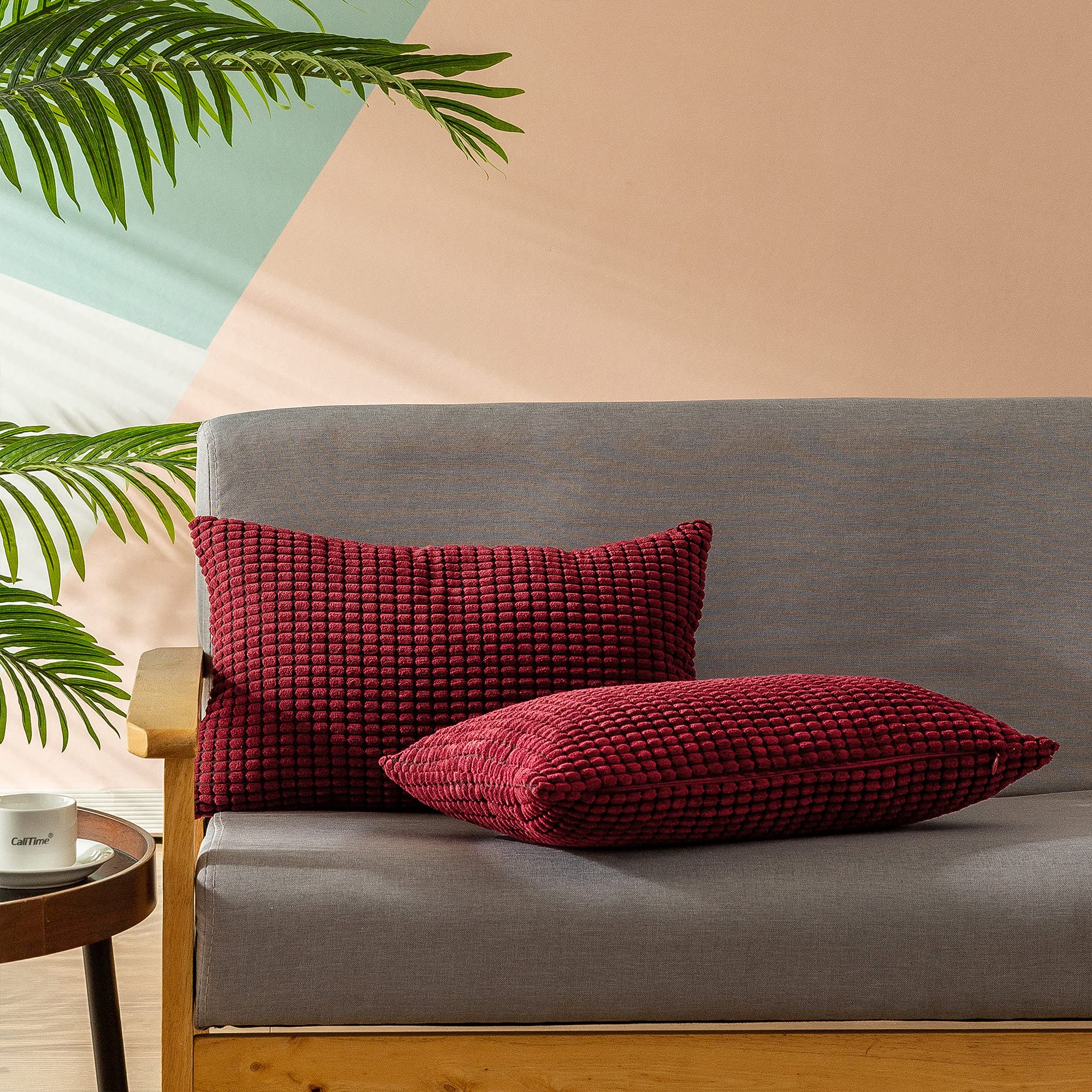 Premium Corduroy Throw Pillow Covers Set of 2 - 12x20 Inch Striped Waffle Textured Decorative Cushion Cases for Sofa, Couch & Bed - Farmhouse Home Decor in Burgundy - Perfect for Living Room, Bedroom & Cozy Reading Nook