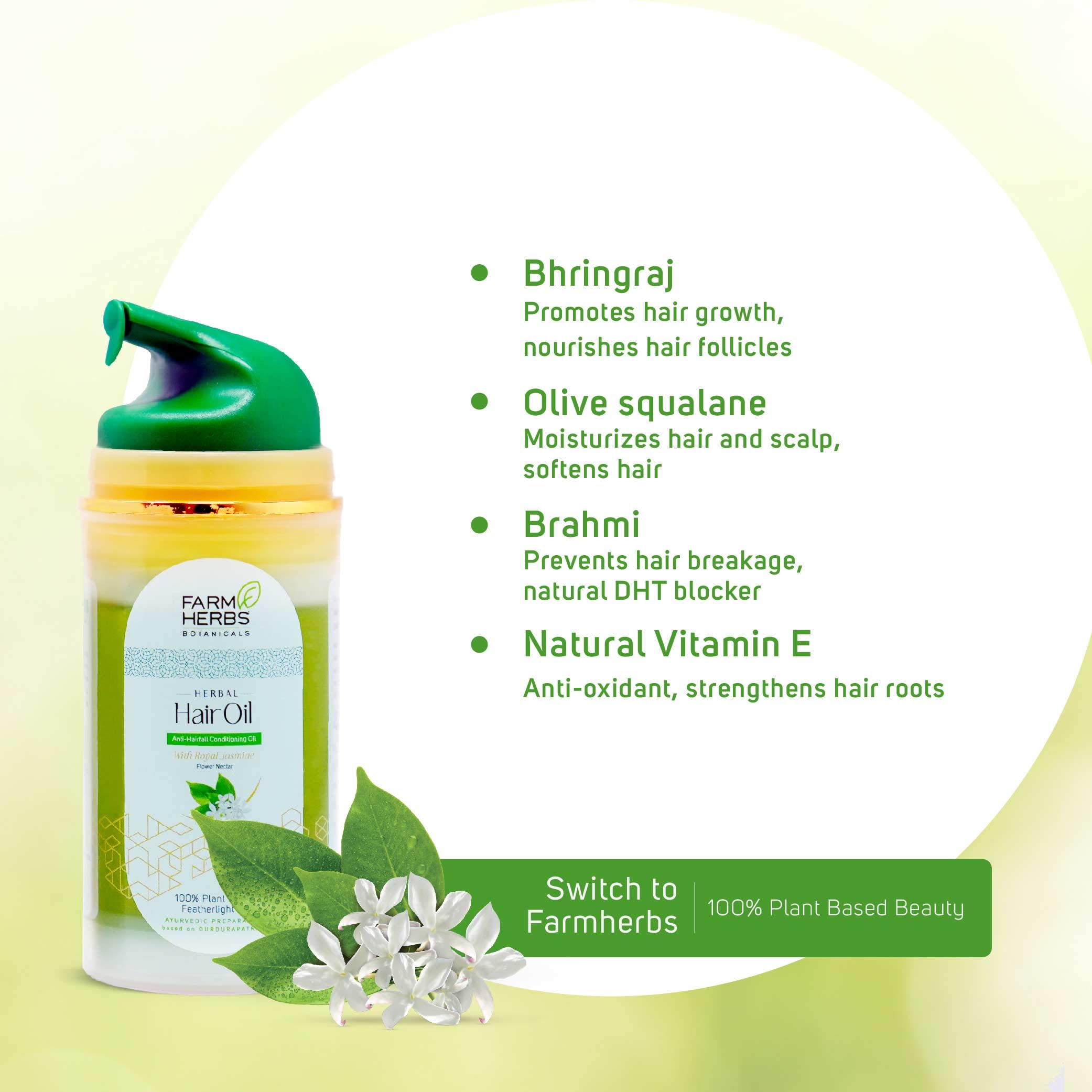 Farmherbs 100% Natural Herbal Hair Oil with Virgin Coconut Oil, Castor Oil & Olive Oil - Ayurvedic Anti-Hairfall Treatment for Men & Women - Non-Sticky Daily Use Hair Conditioner & Nourisher (100ml) - Perfect for Dry, Damaged Hair & Scalp Care at Home or Salon