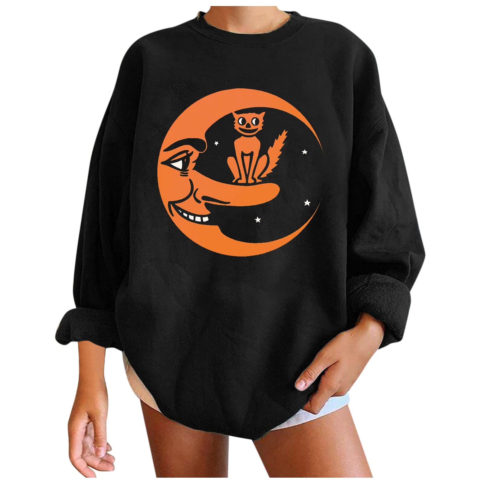 Women's Halloween Graphic Sweatshirt - Pumpkin Skull & Cat Print Button Down Loose Fit Cozy Pullover | Perfect for Halloween Parties, Trick-or-Treating & Fall Festivals