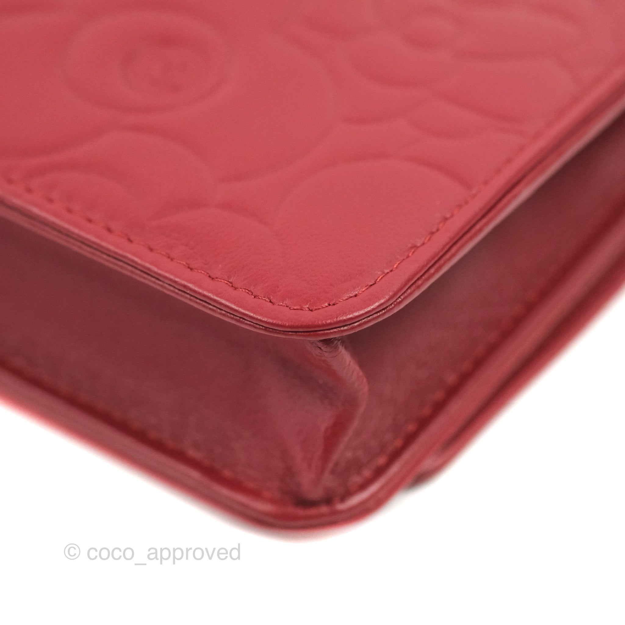 Chanel Camellia Embossed Wallet on Chain WOC in Red Lambskin with Silver Hardware - Luxury Crossbody Bag for Women, Perfect for Evening Events & Date Nights