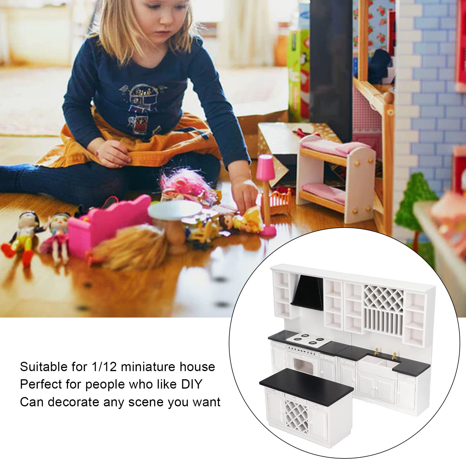 1:12 Scale Miniature Dollhouse Kitchen Set - Wooden White Cabinet & Dining Room Furniture for DIY Dollhouse Decor | Perfect for Collectors, Model Homes & Miniature Displays