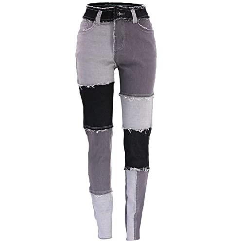 Women's Fashion Patchwork Color Block Pencil Jeans - Vintage Denim Pants for Casual Wear & Night Out (XXX-Large 37W, Black)