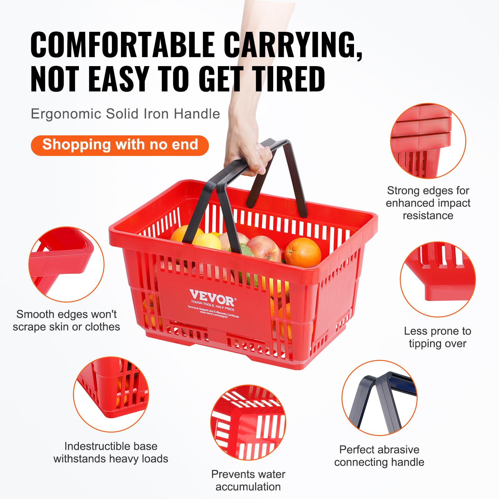 VEVOR 12-Pack Plastic Shopping Baskets with Handles - 24L Durable Grocery Baskets for Retail Stores, Supermarkets & Shopping - 16.73 x 11.61 x 8.86 Inches (Red) - Perfect for Checkout Counters, Produce Display & Bulk Shopping Organization