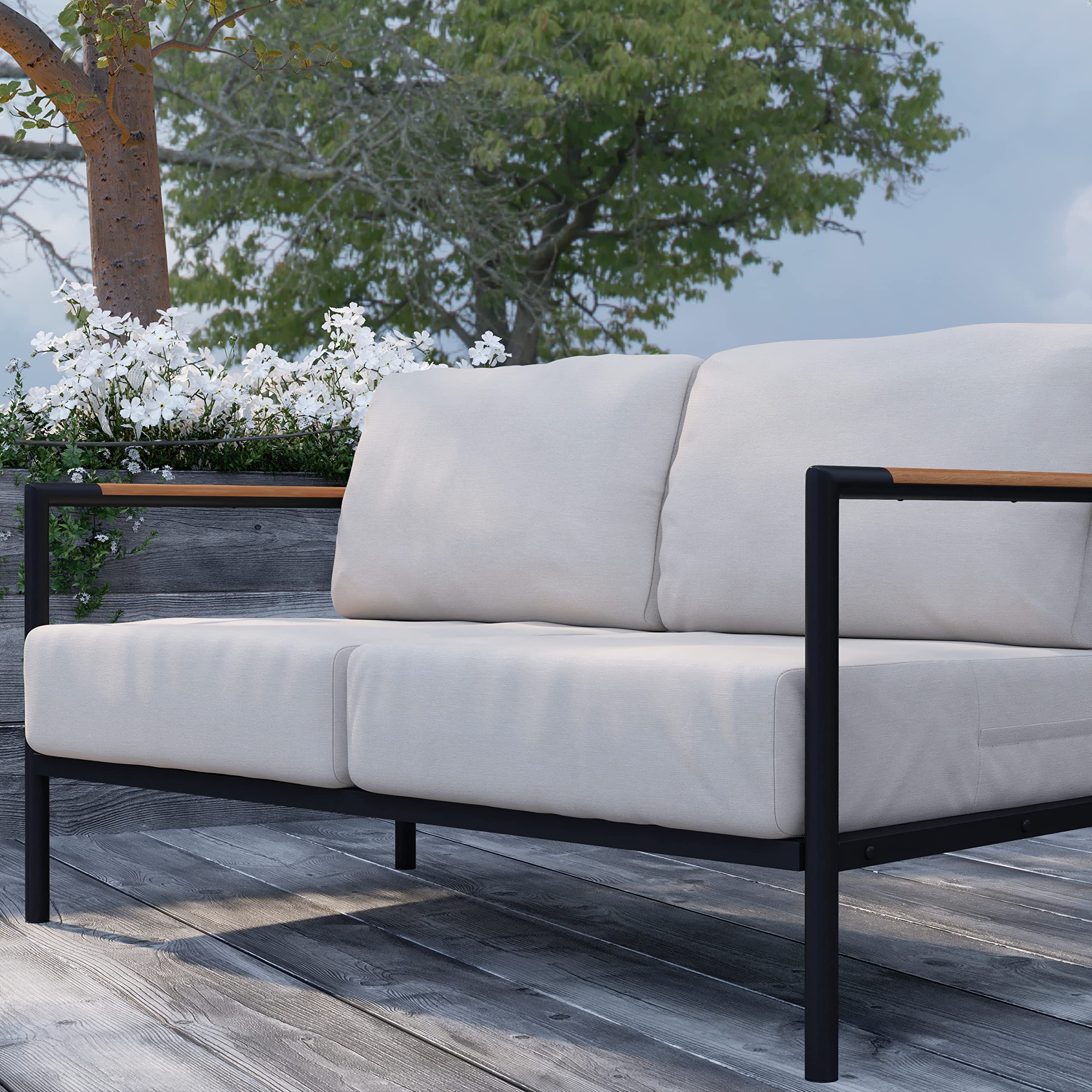 Merrick Lane Eastport Outdoor Loveseat with Removable Beige Fabric Cushions & Black Teak Accented Aluminum Frame - Perfect for Patio, Garden, Poolside or Deck Relaxation