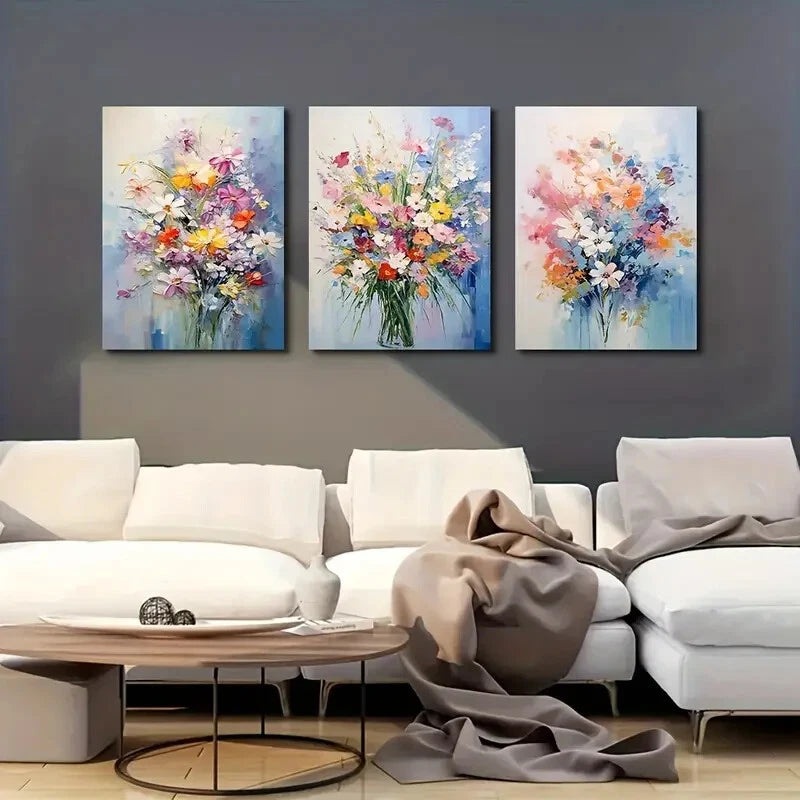 3-Piece Abstract Daisy Poppy Metal Wall Art - Ready to Hang Canvas Prints for Living Room, Bedroom & Office Decor