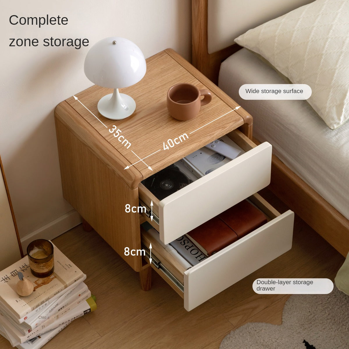 Solid Oak Wood Nightstand - Bedside Table with Drawer for Bedroom Furniture, Perfect for Storage and Decor