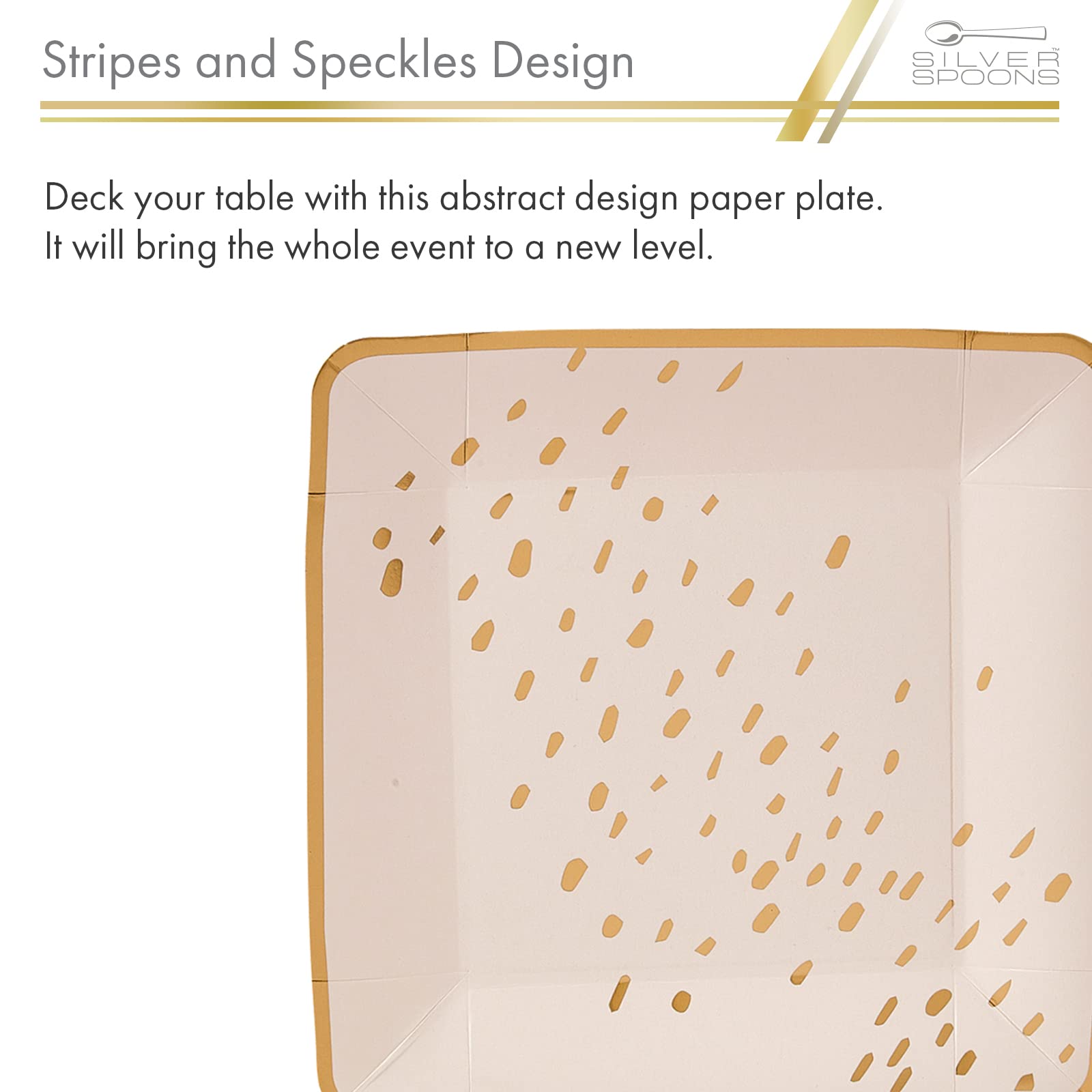 18-Pack Heavy Duty 7 Inch Square Disposable Paper Plates - Silver Spoons Abstract Design Ivory Dessert Plates for Birthday Parties, Baby Showers, Weddings & Special Events | Perfect for Indoor/Outdoor Gatherings & Catering