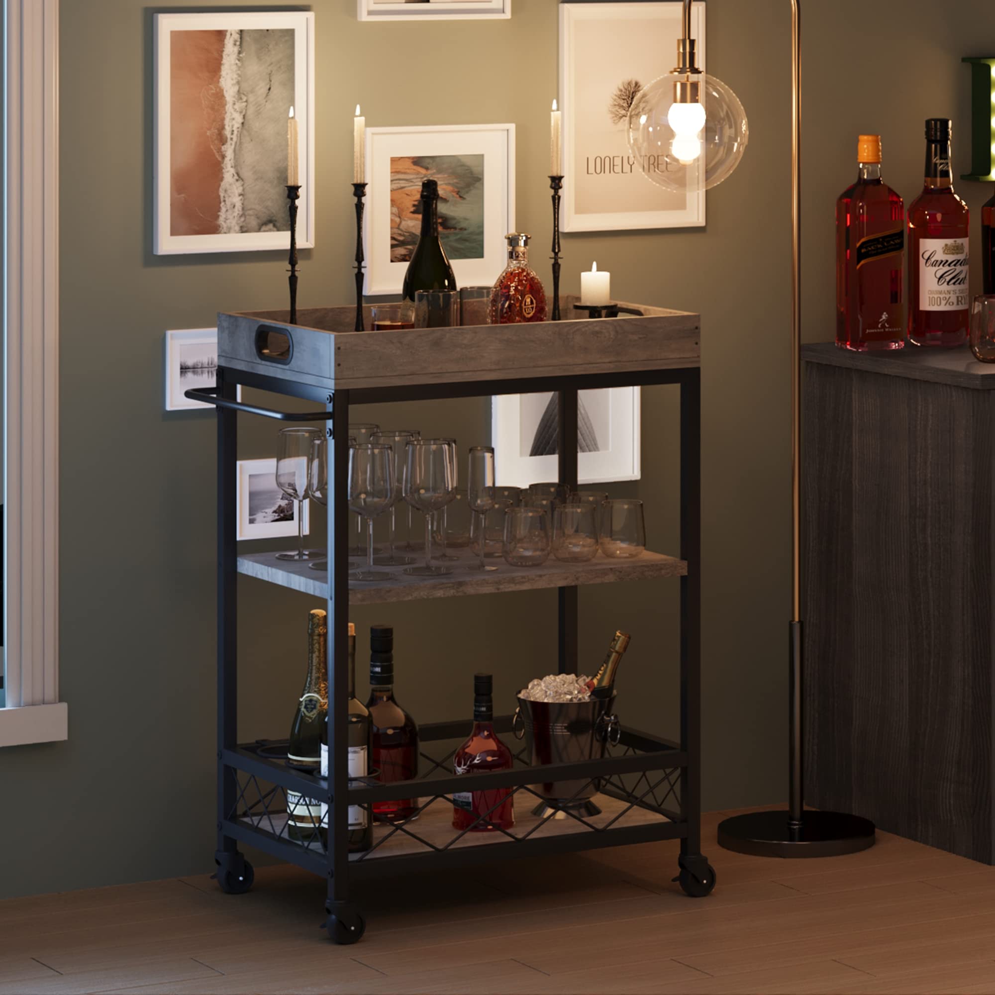 GARVEE 3-Tier Rolling Bar Cart with Wine Rack & Locking Wheels - Grey | Mobile Serving Cart for Kitchen, Dining Room & Outdoor Entertaining