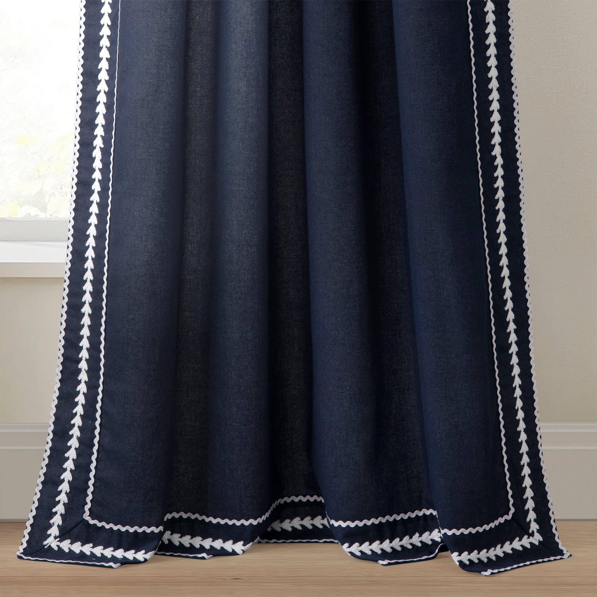 Olivia Ric Rac Embroidery Border Window Curtain Panel - Elegant Lace Trimmed Drapes for Living Room, Bedroom & Kitchen Decor