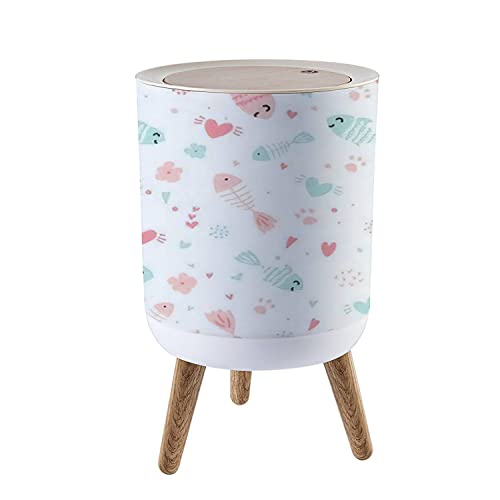 Pastel Pink & Blue Hearts Cat Paws Small Trash Can with Press Lid - 7L/1.8 Gallon Round Waste Bin with Wooden Legs, Dog-Proof Design for Kitchen, Bathroom, Nursery & Office - Hand Drawn Seamless Kids Pattern Garbage Bin