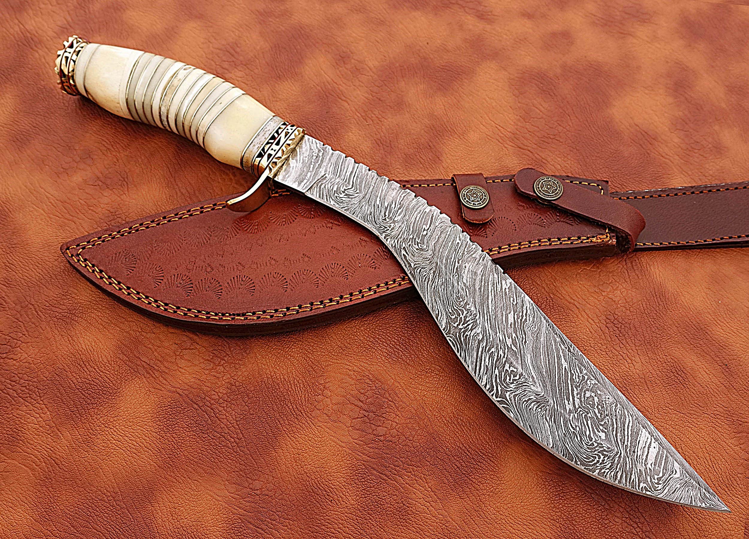 Premium Damascus Steel Hunting Bowie Knife - Handcrafted with Sharp Blade & Camel Bone Handle - Perfect for Outdoor Adventures, Camping, and Survival Gear