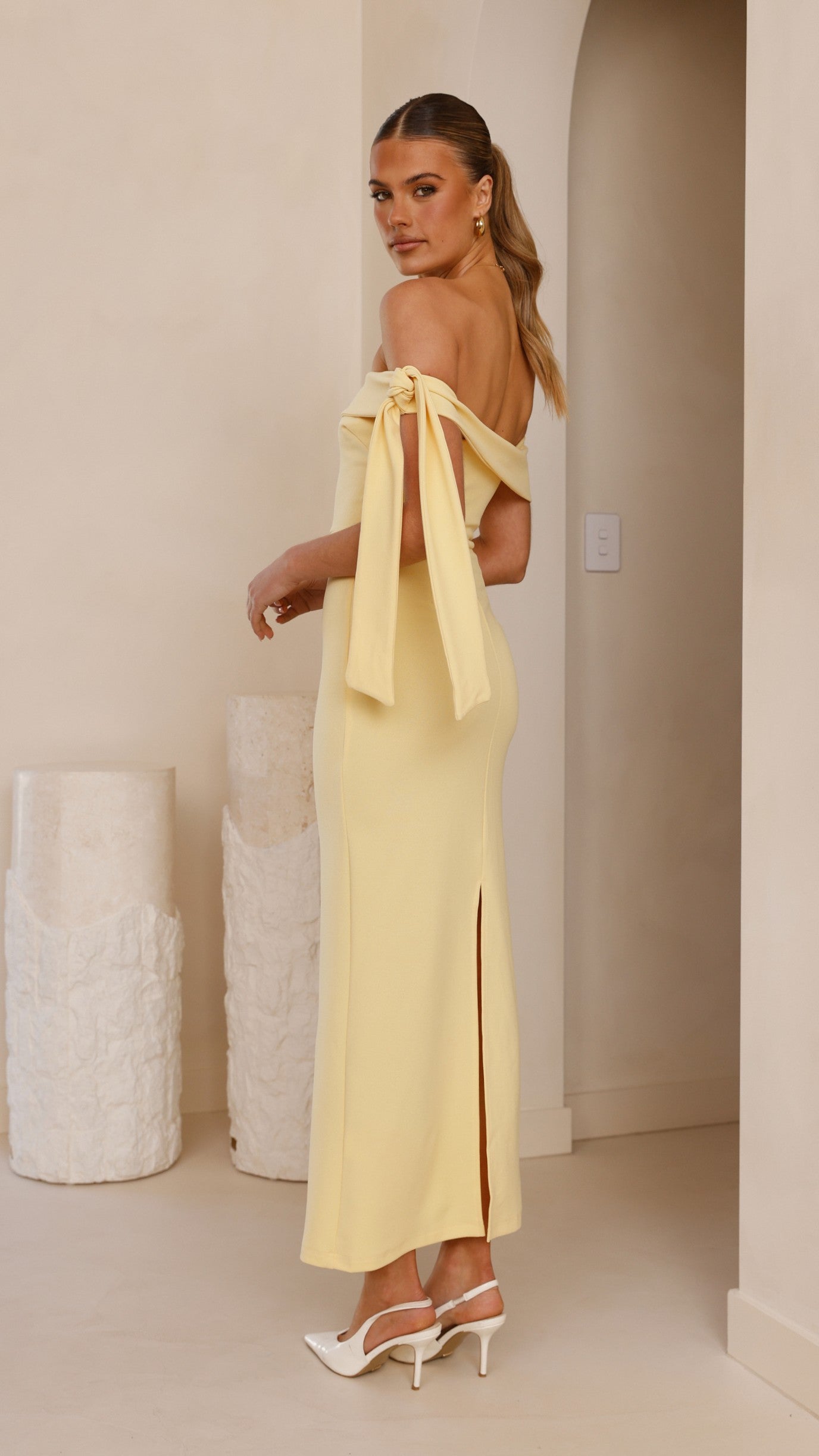 Halen Women's Off Shoulder Midi Dress - Floral Print Summer Dress with Ruffle Sleeves, Lemon Yellow, Perfect for Beach Vacation, Date Night & Party Wear