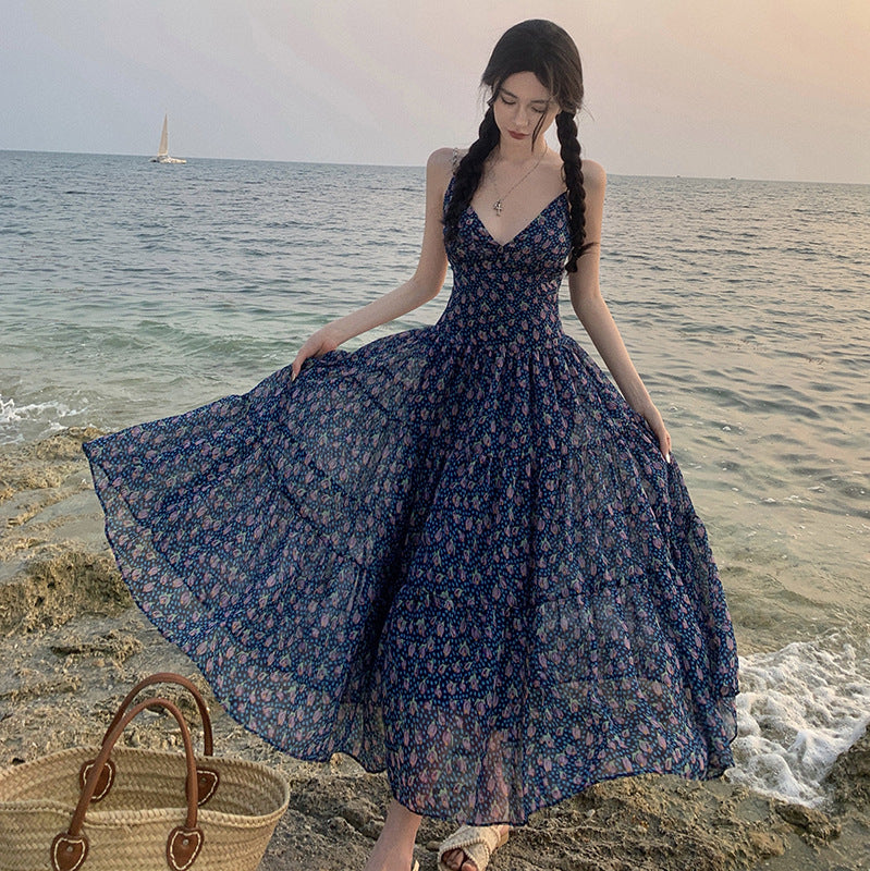 Blue Floral Summer Dress for Women - Spaghetti Strap V-Neck Long Skirt | Beach Holiday, Party & Vacation Outfit
