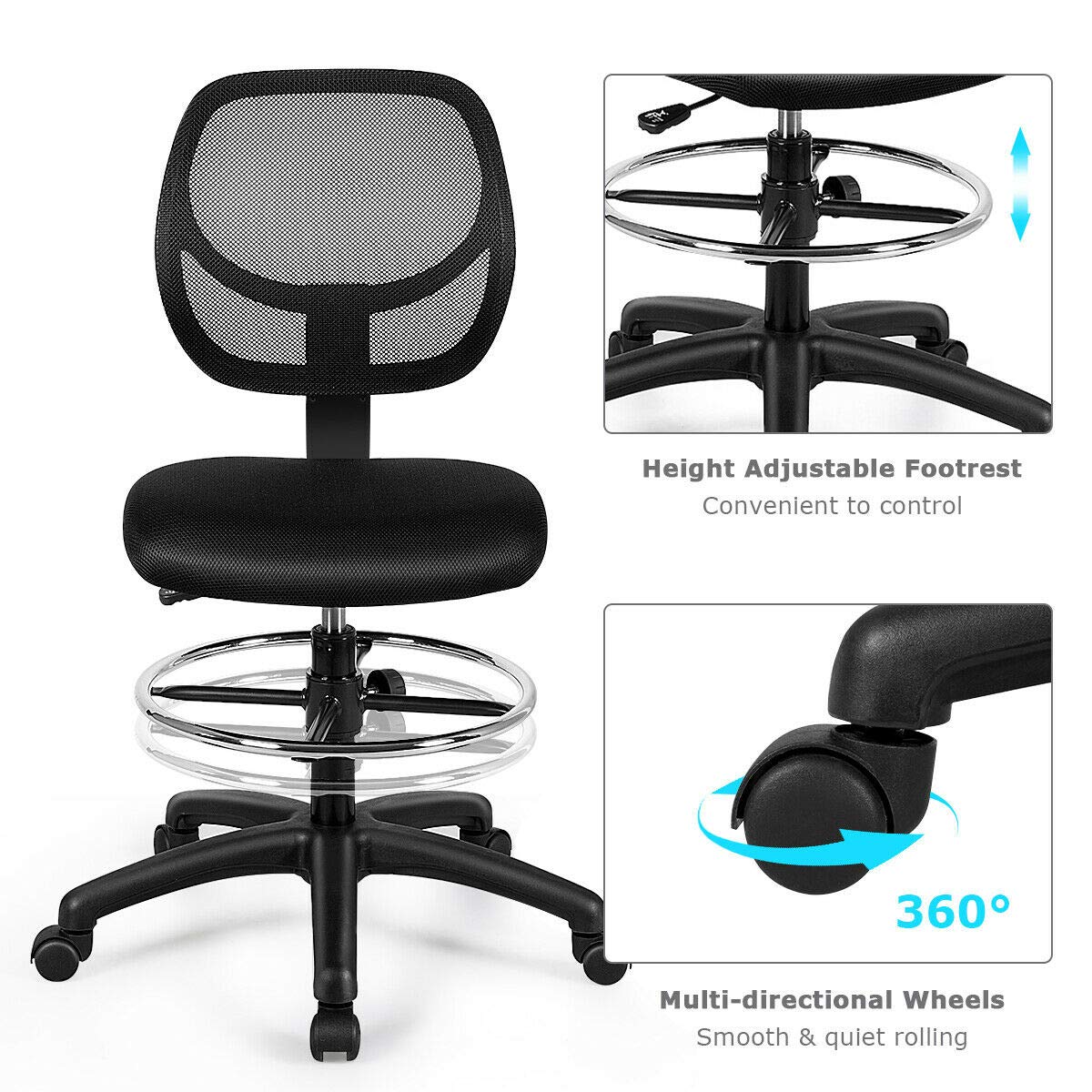 Giantex Mesh Drafting Chair with Footrest Ring - Adjustable Height Mid Back Office Chair for Standing Desk, Home & Office Use - Black - Perfect for Architects, Designers & Long Work Hours