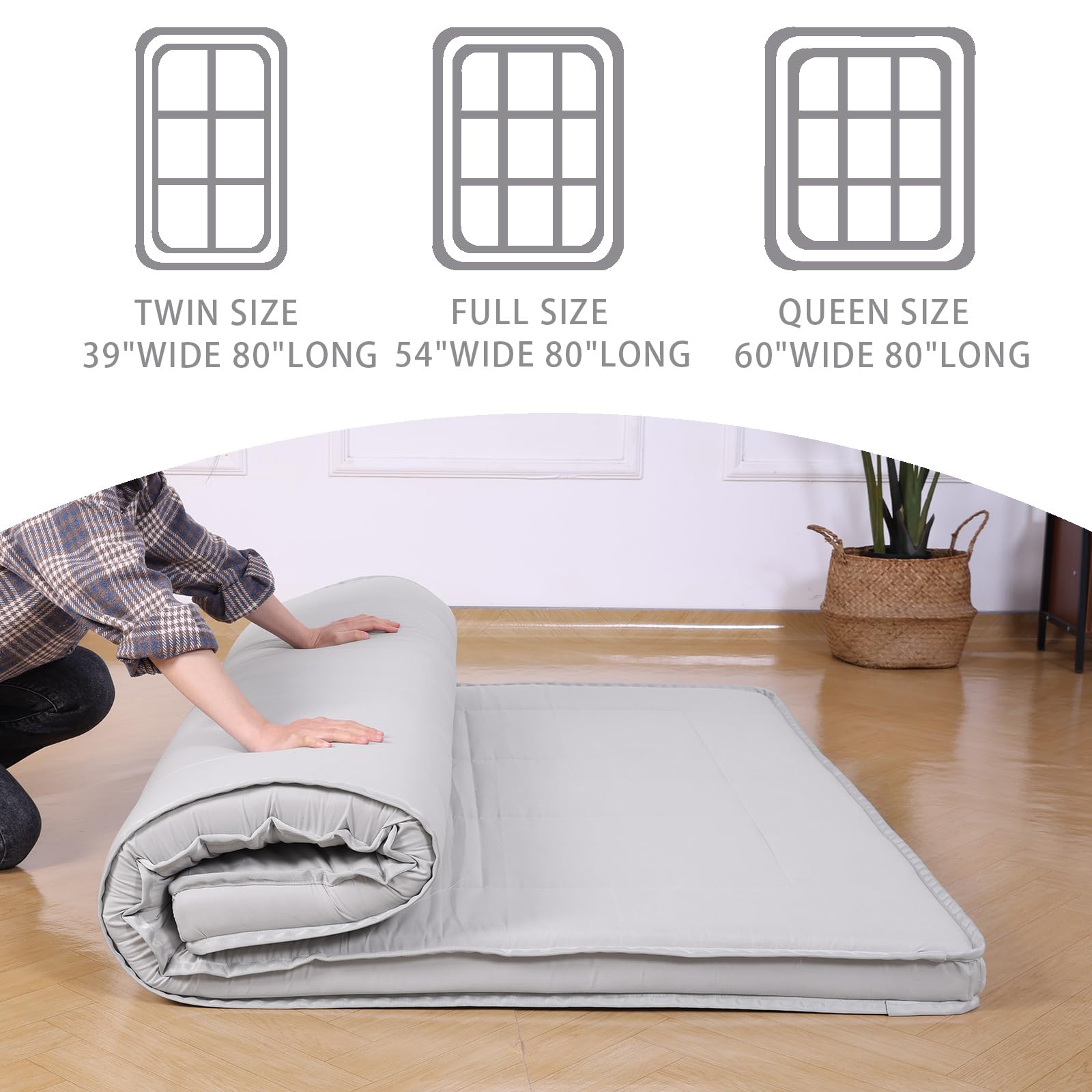 Japanese Futon Mattress - Twin Size Floor Bed for Adults, Grey Tatami Mat with Resin Coating | Perfect for Small Spaces, Guest Rooms & Minimalist Living